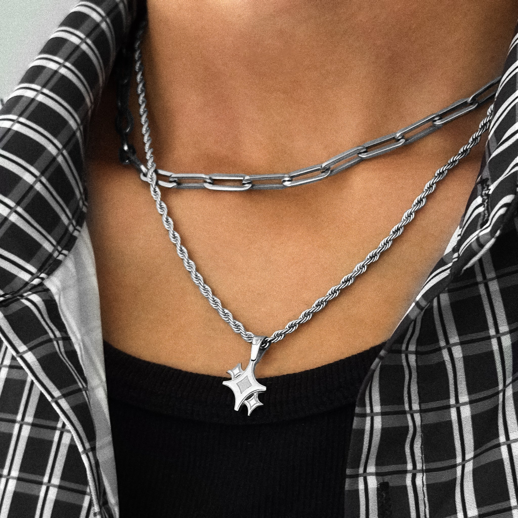 Close Detail of Star Rope Chain Stainless Steel 3mm Necklace