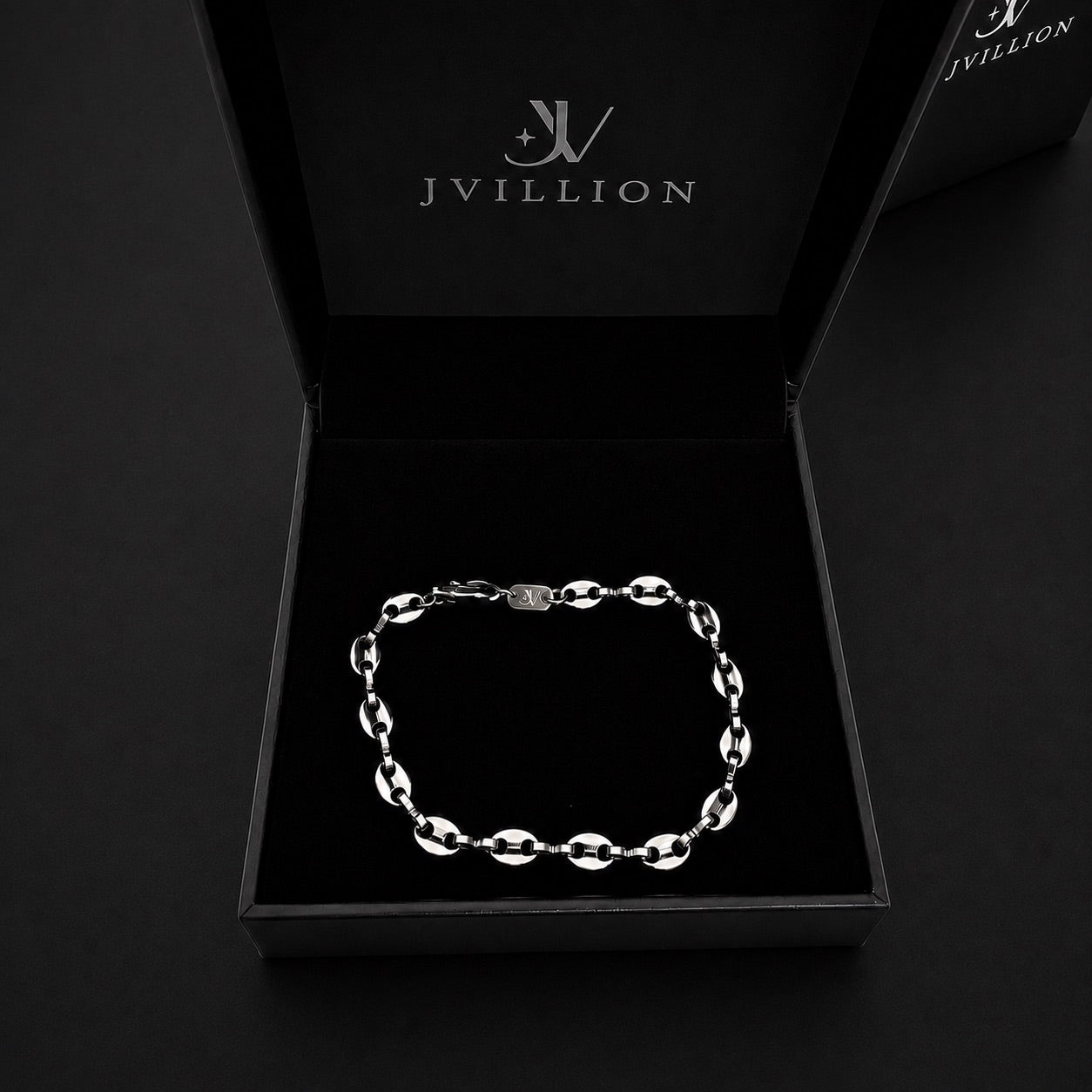 Coffee Bean Bracelet - Silver (5mm) displayed in a stylish box by JVillion®Streetwear Jewelry.
