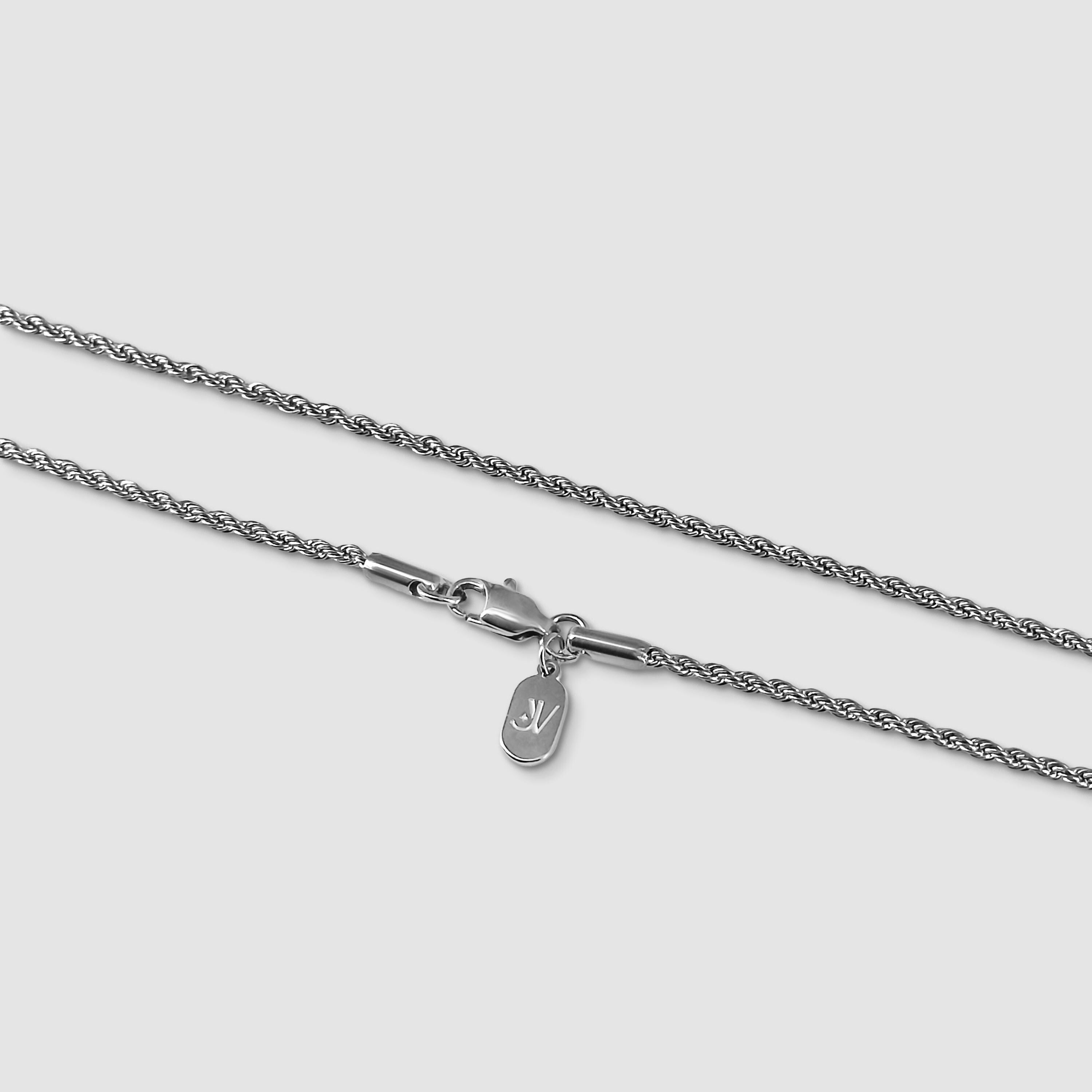 Silver compass north star pendant on 2mm rope chain close-up detail, JVillion