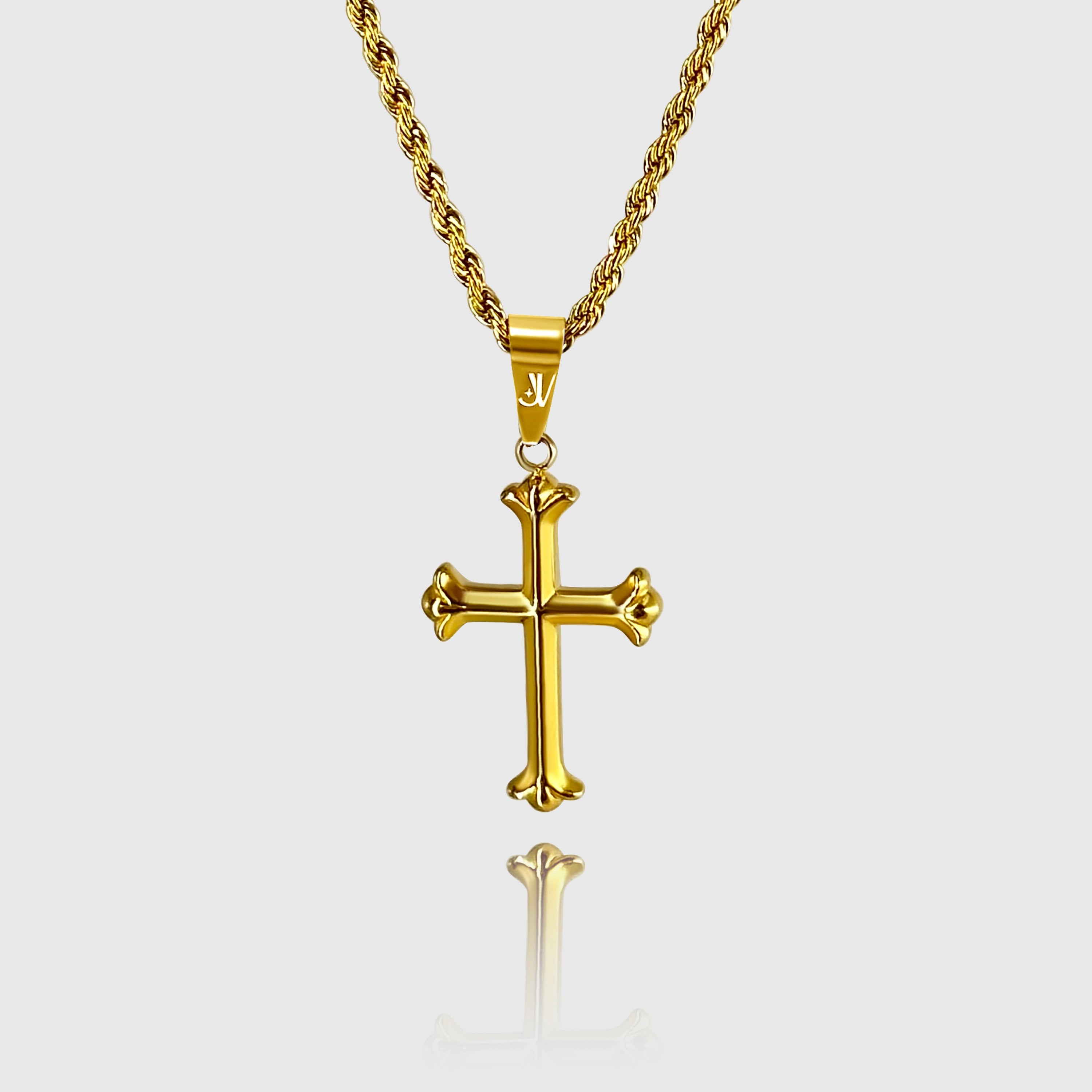 Gold cross pendant on 2mm rope chain necklace, JVillion
