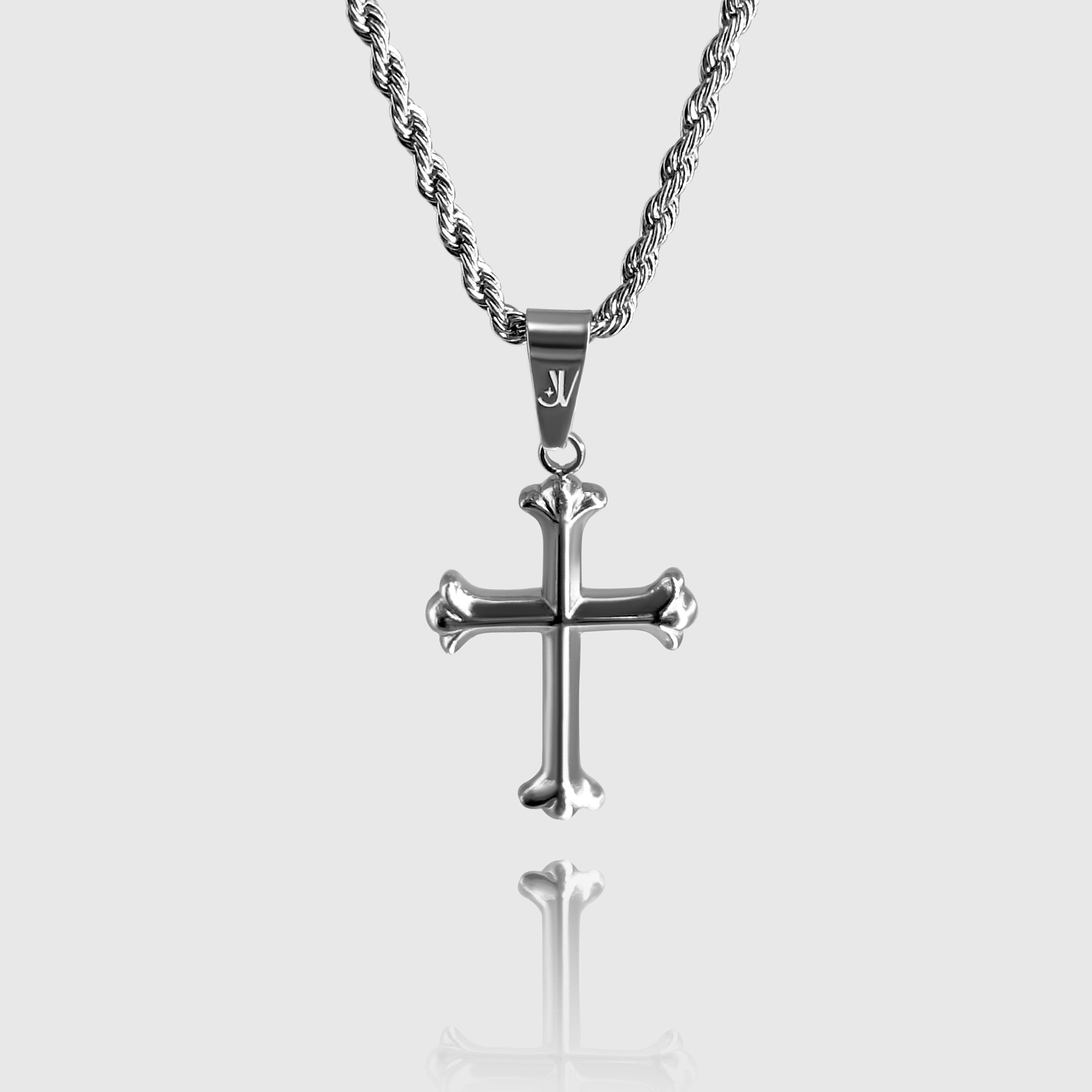 Silver cross pendant on 2mm rope chain necklace, JVillion