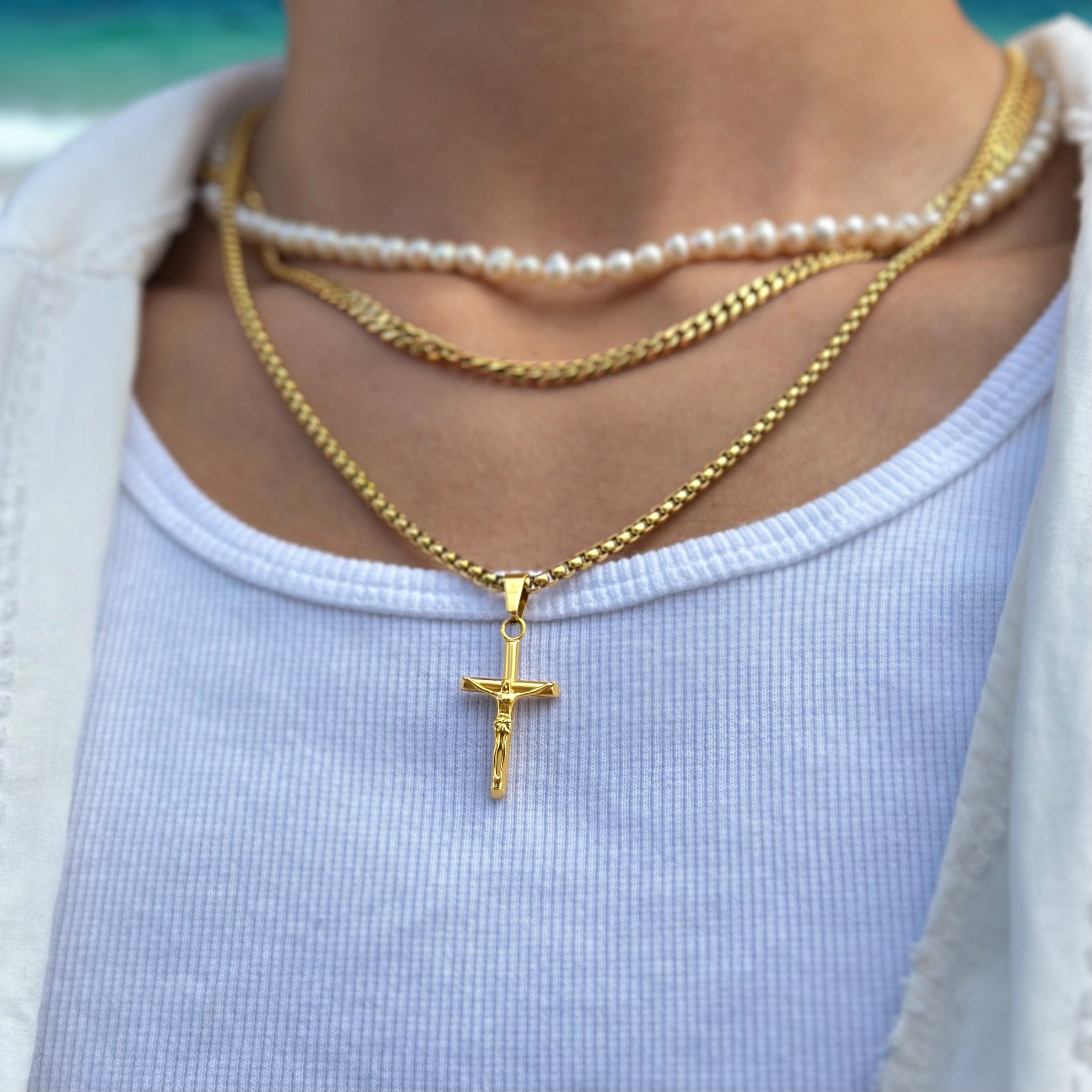 Jesus Cross Box Chain - Gold (2,5mm) Chain with Pendant JVILLION