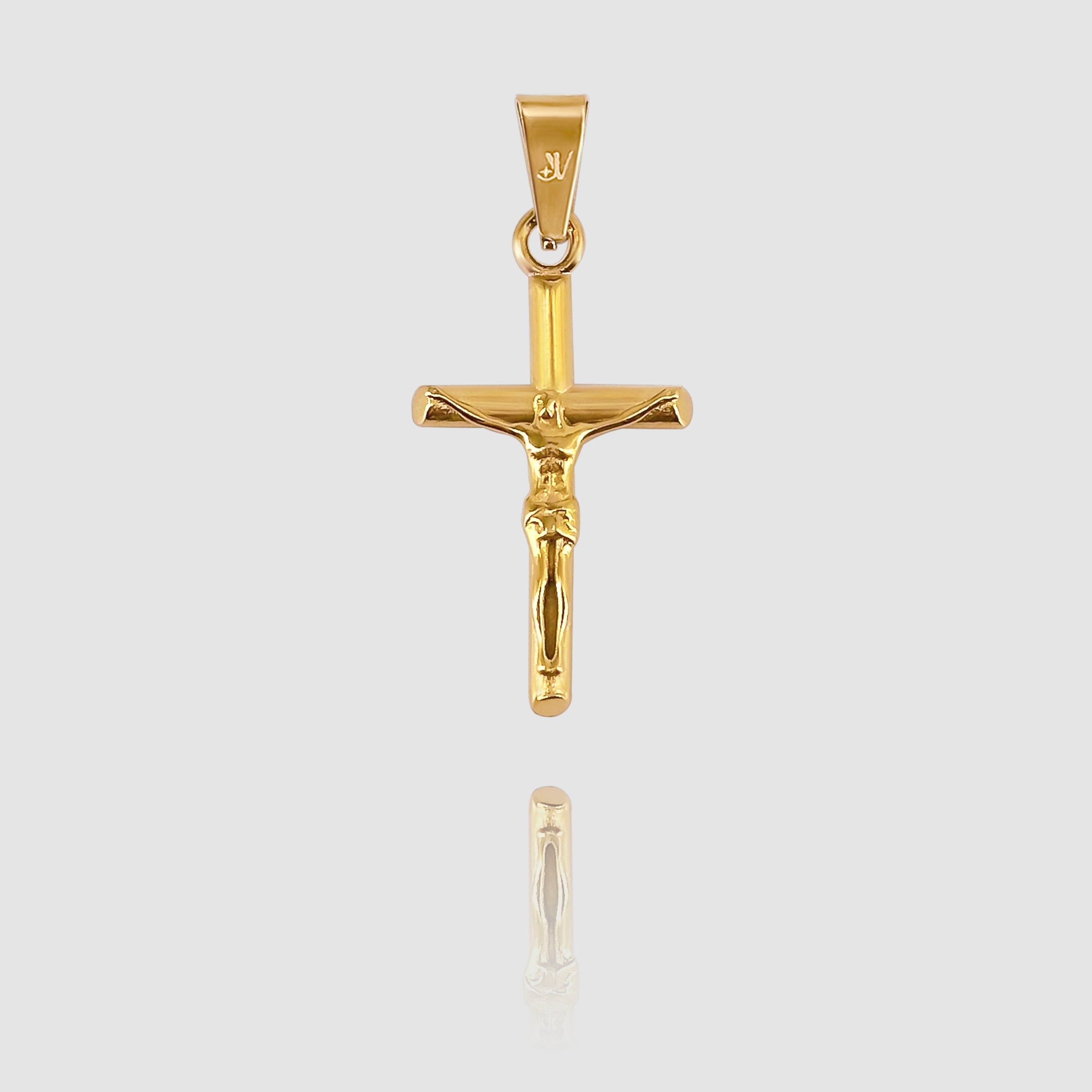 Gold Jesus cross crucifix pendant on 2mm rope chain close-up detail, JVillion