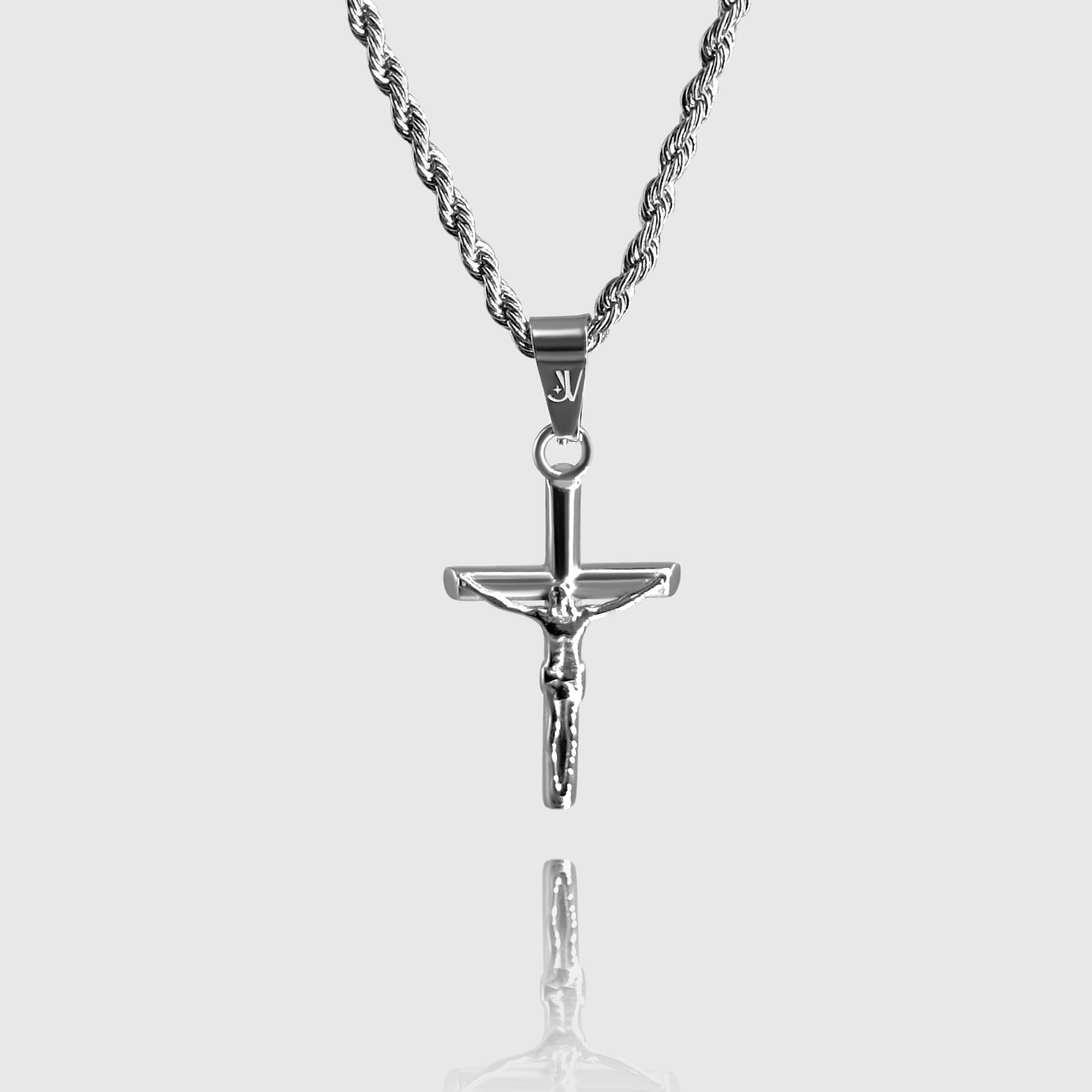 Silver Jesus cross crucifix pendant on 2mm rope chain necklace, JVillion
