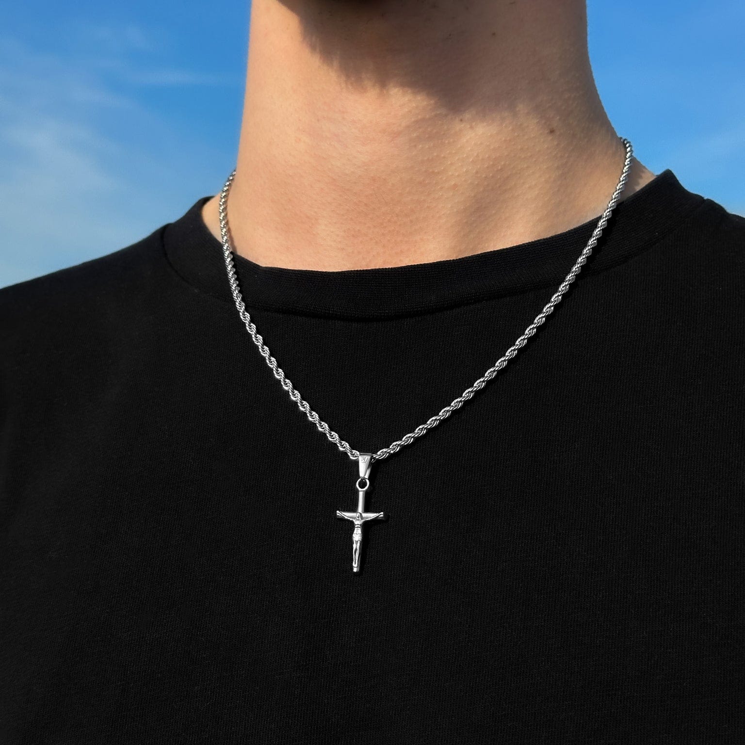 Jesus Cross Rope Chain - Silver (3mm) Chain with Pendant JVILLION