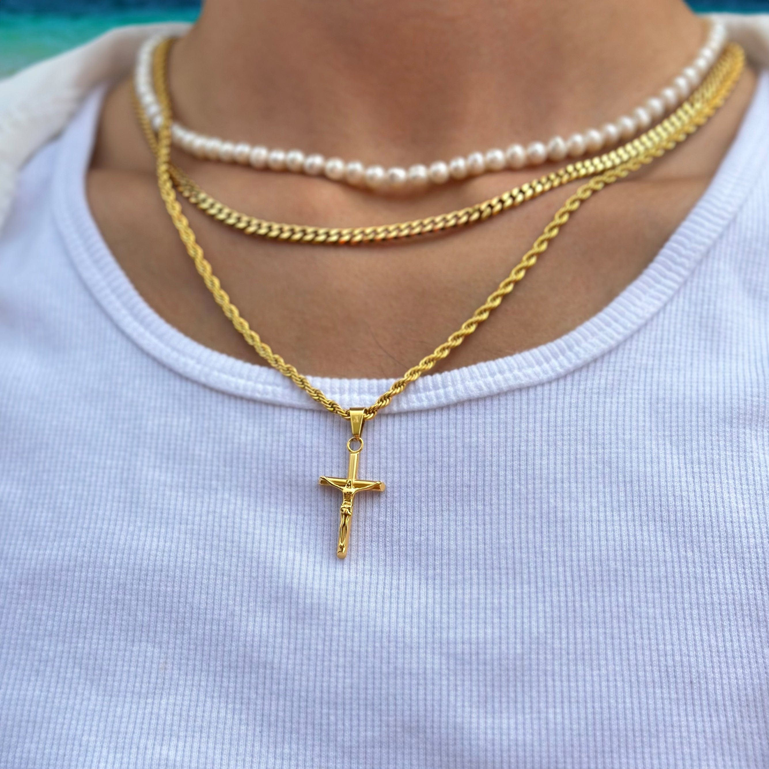 Real 10k Yellow Gold Jesus Cross Charm Rope Chain Necklace 3mm 26'' Pe –  GoldBar Jewelers