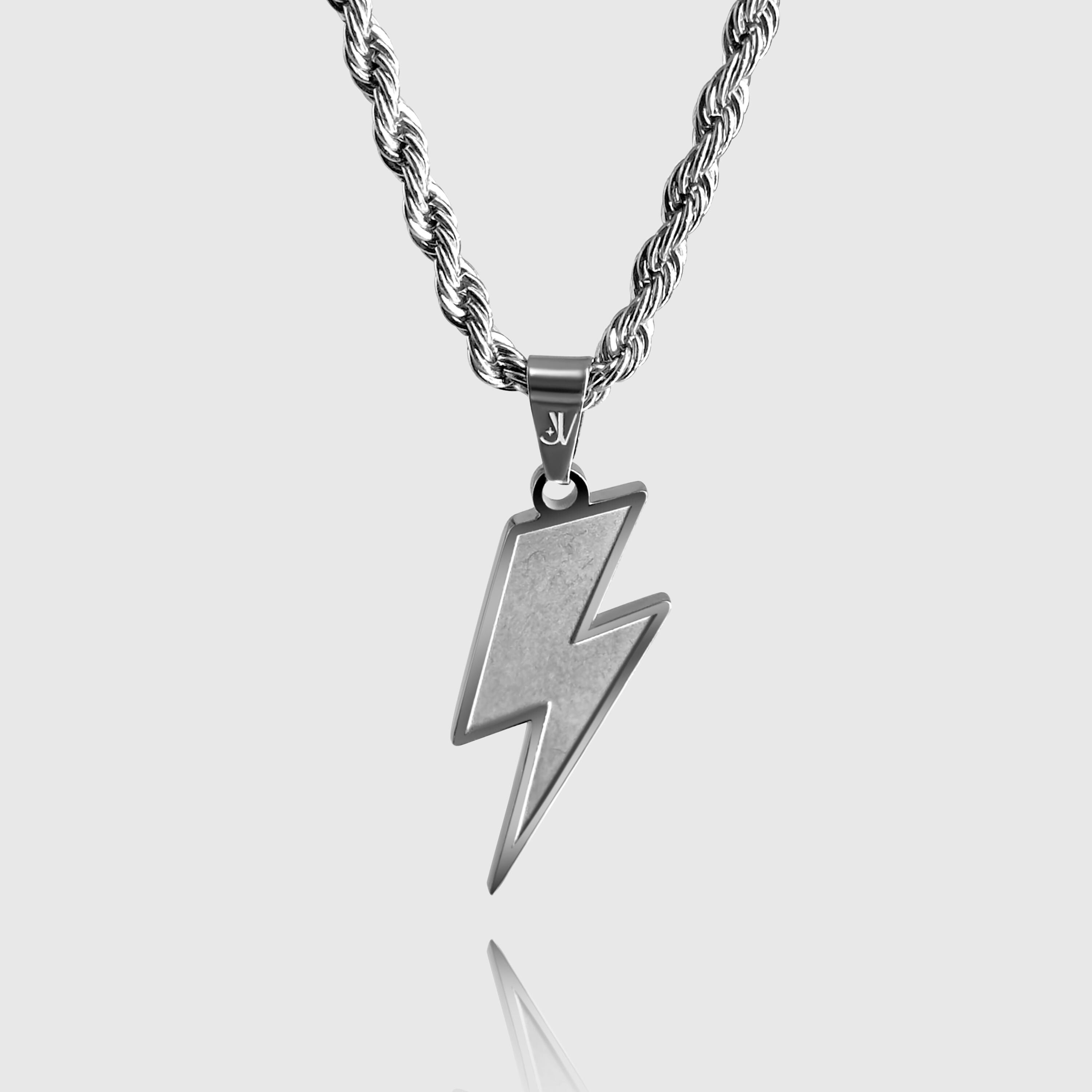 Silver lightning bolt pendant on 4mm rope chain necklace, JVillion