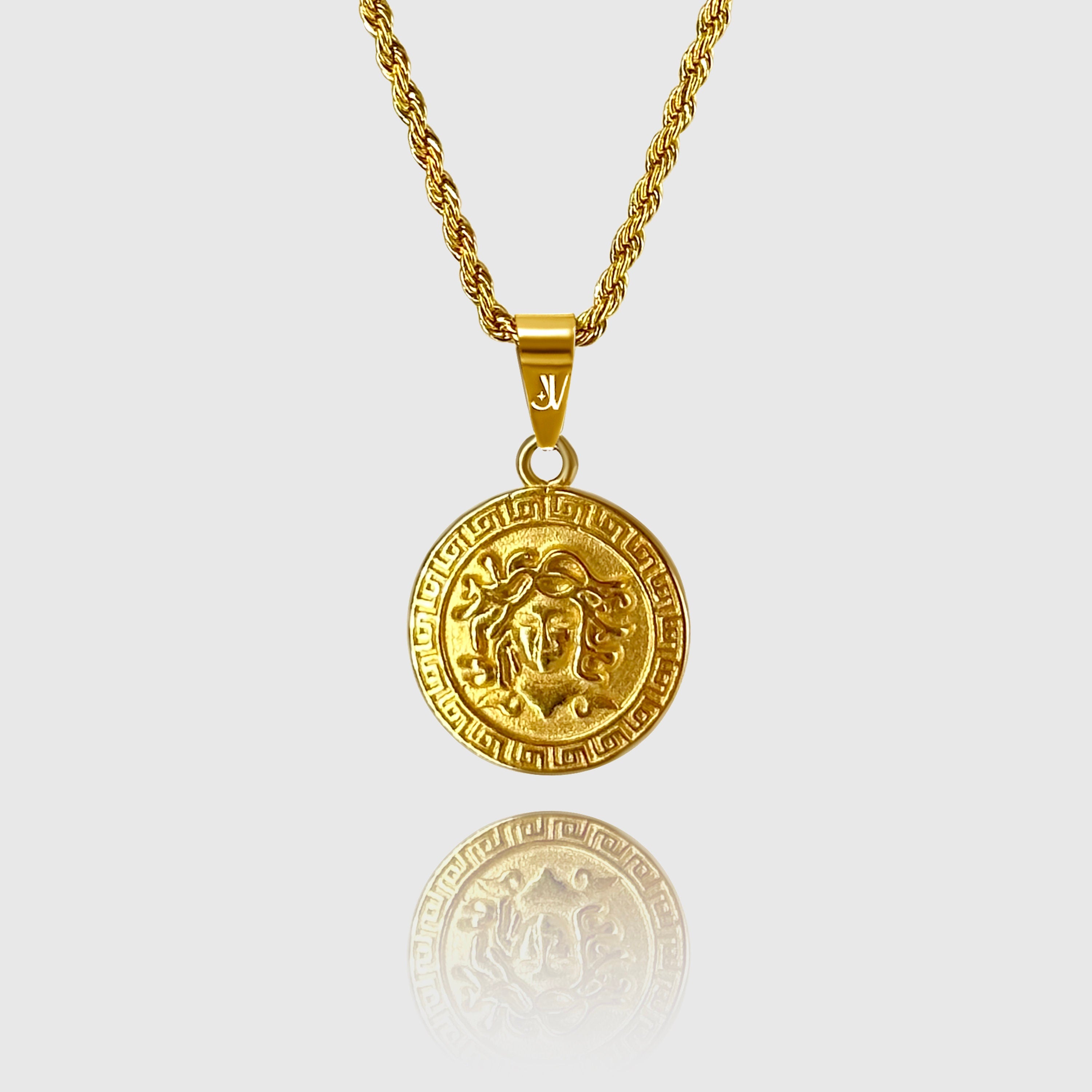 Gold Medusa medallion pendant on 2mm rope chain necklace, JVillion