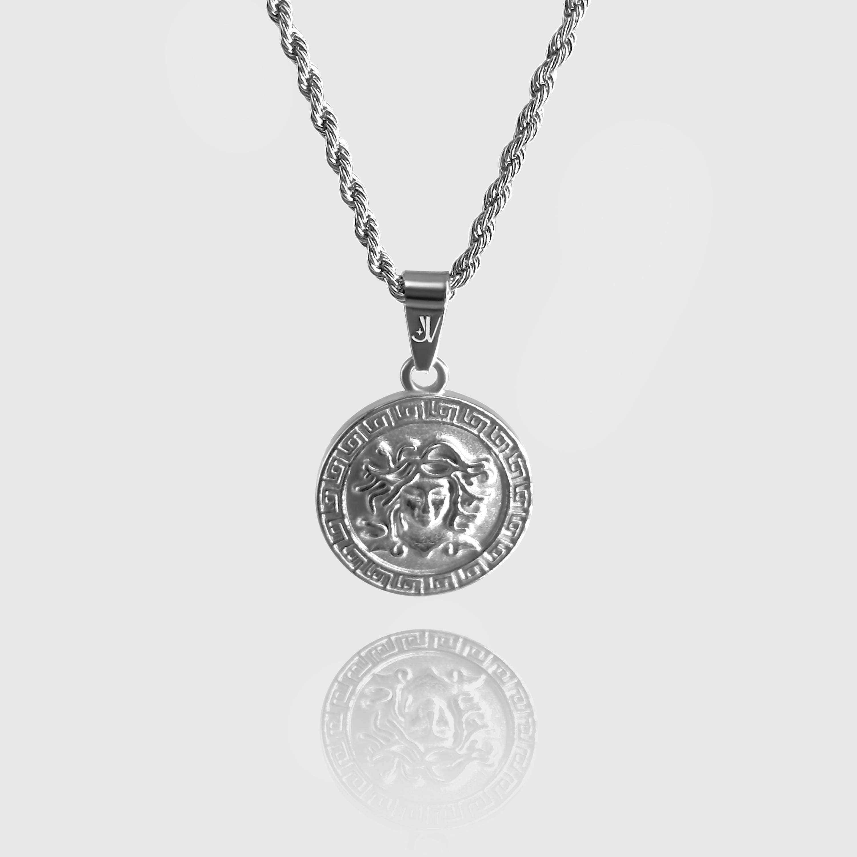 Silver Medusa medallion pendant on 2mm rope chain necklace, JVillion