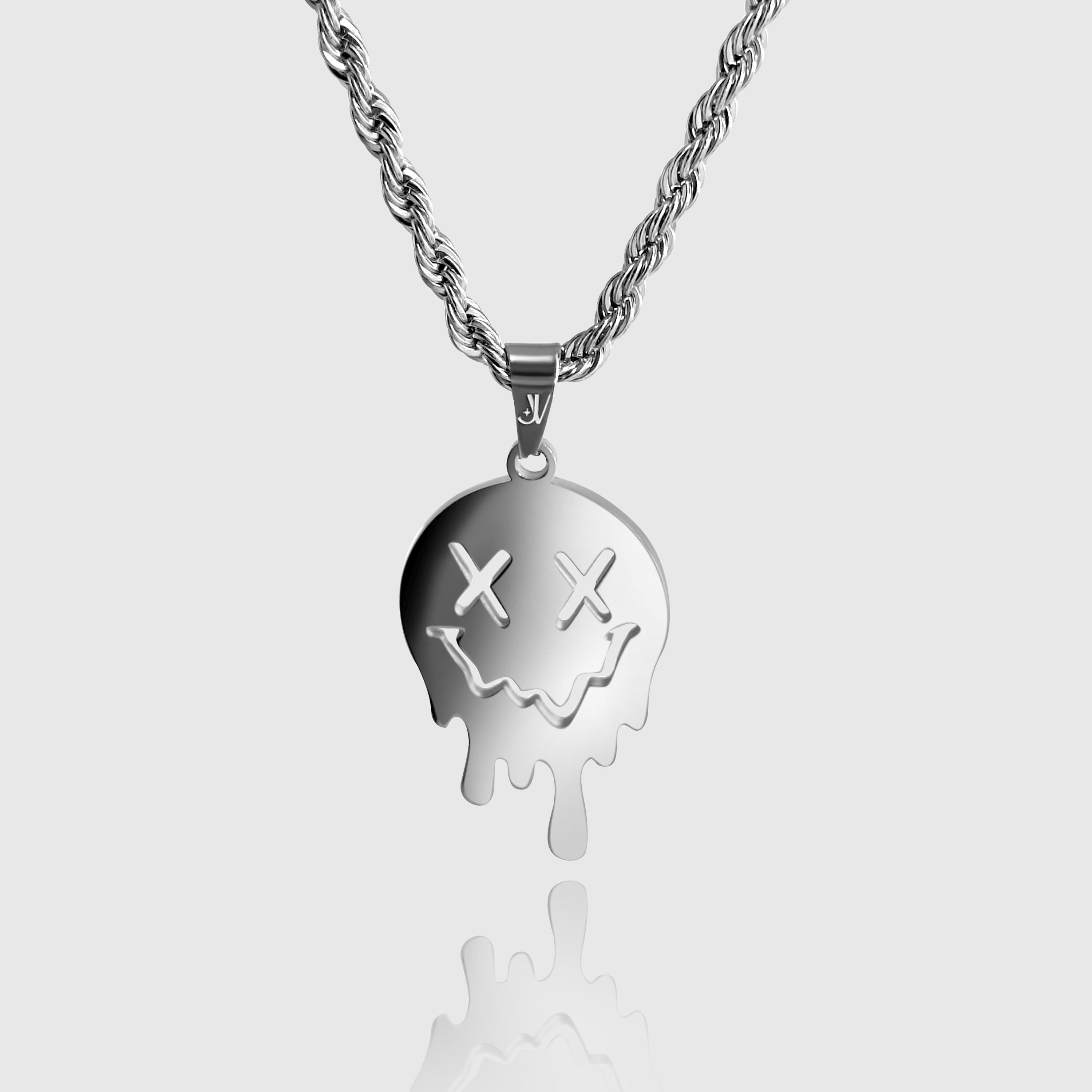 Silver melting smiley pendant on 4mm rope chain necklace, JVillion