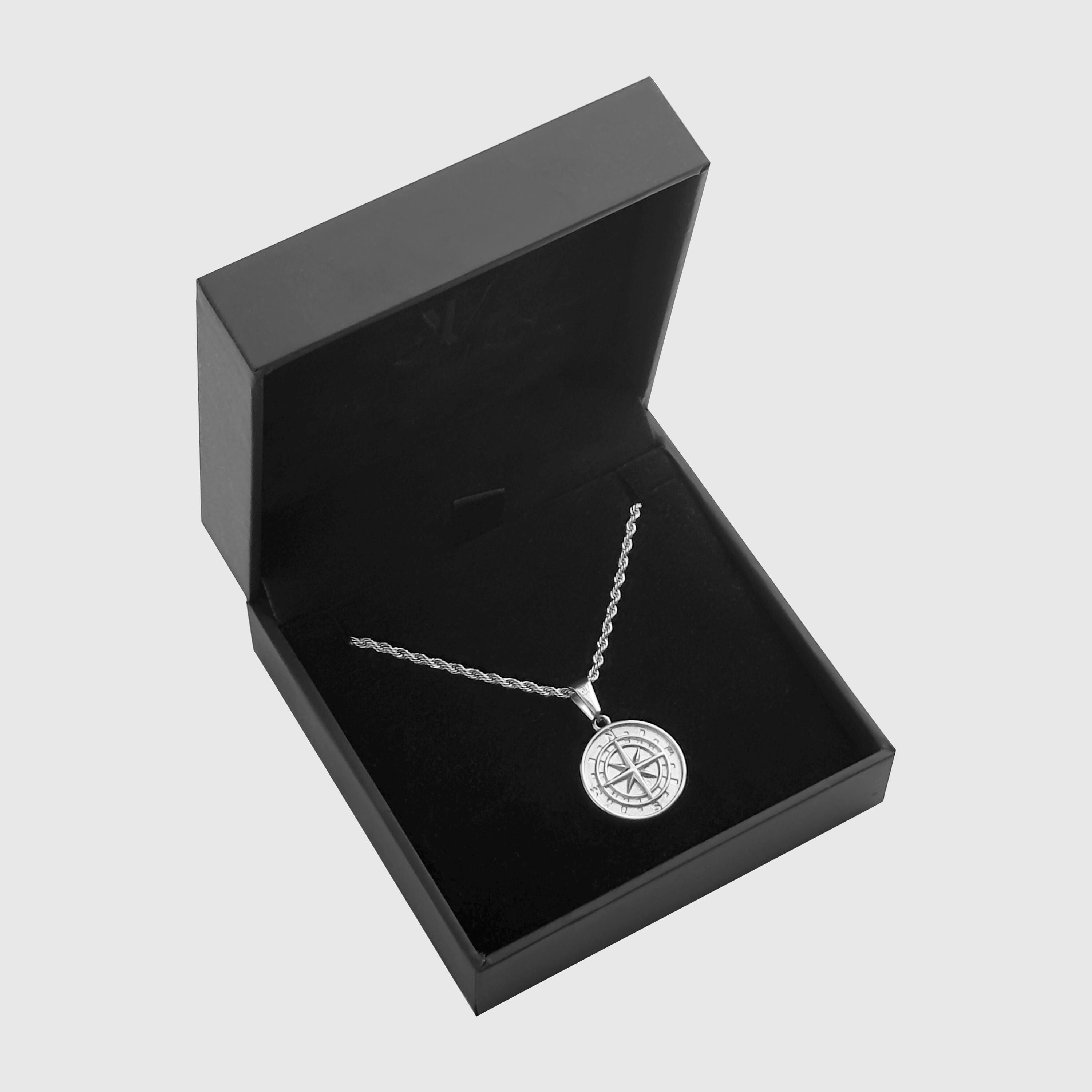 Silver compass north star pendant on 2mm rope chain in a black branded gift box, JVillion