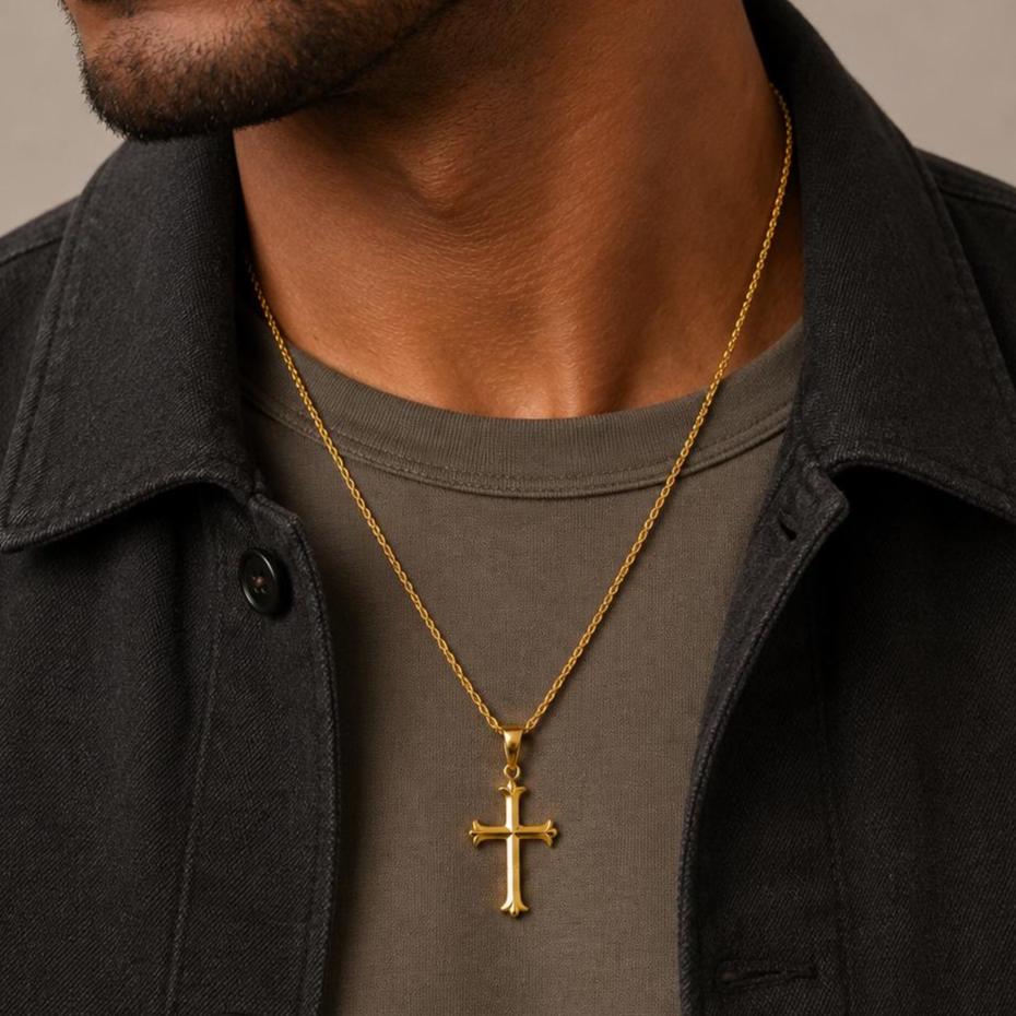 Gold cross pendant on 2mm rope chain worn by model, JVillion