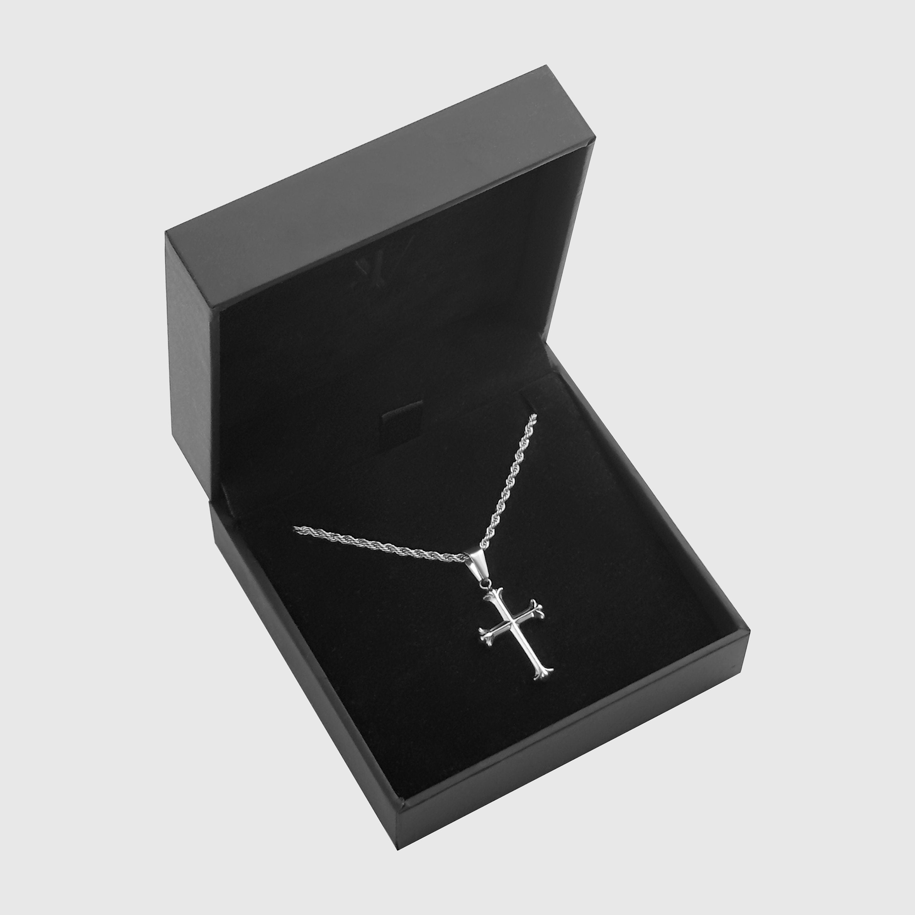 Silver cross pendant on 2mm rope chain in a black branded gift box, JVillion