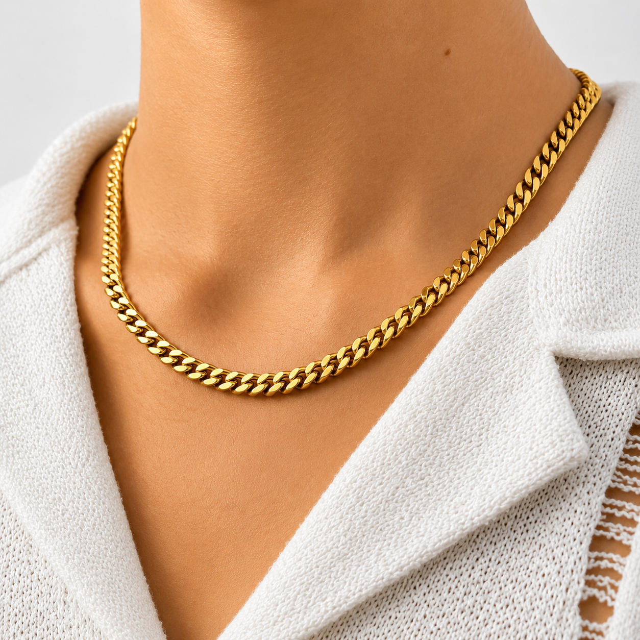 Men's gold Cuban link chain necklace worn on the neck, 6mm, stainless steel, JVillion