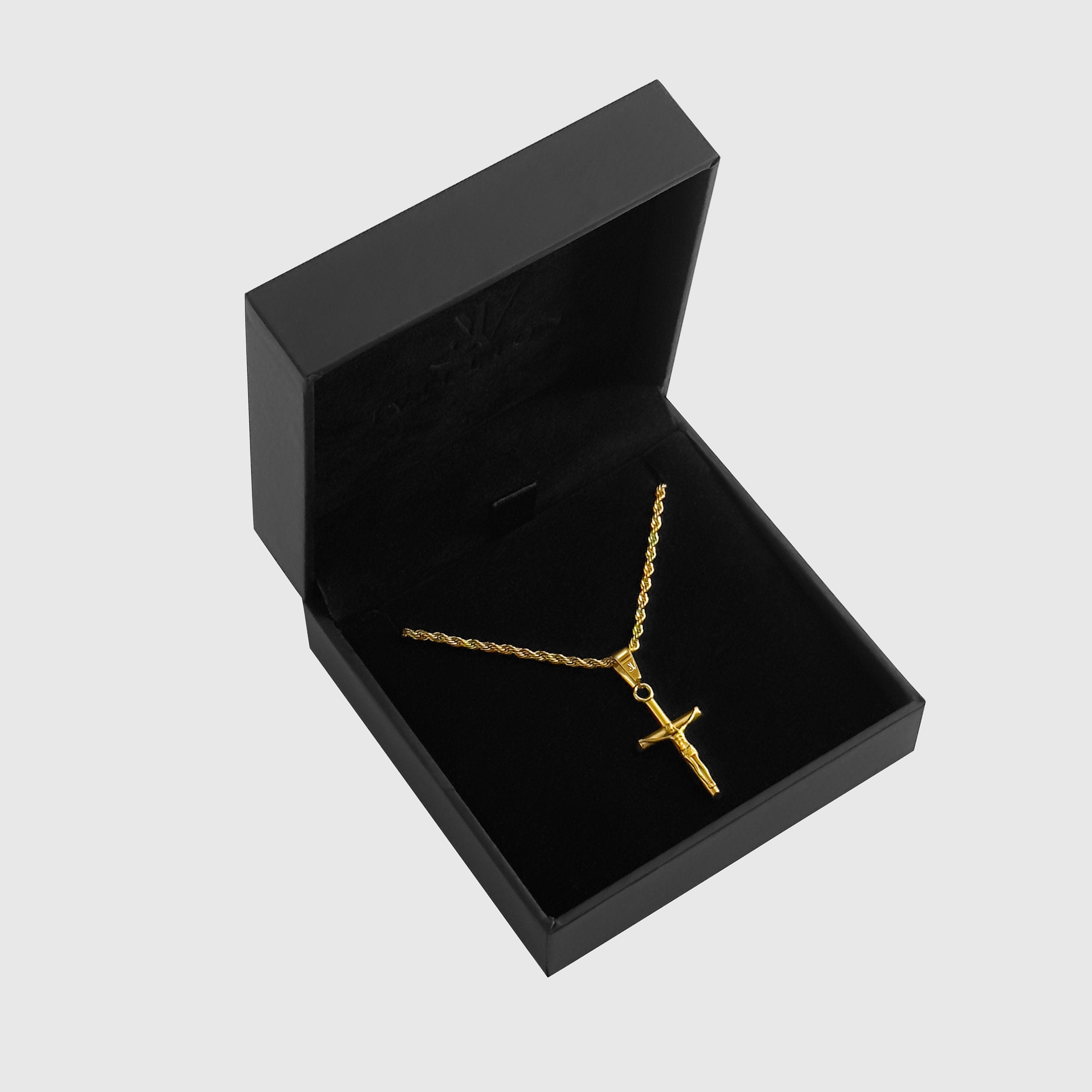 Gold Jesus cross crucifix pendant on 2mm rope chain in a black branded gift box, JVillion