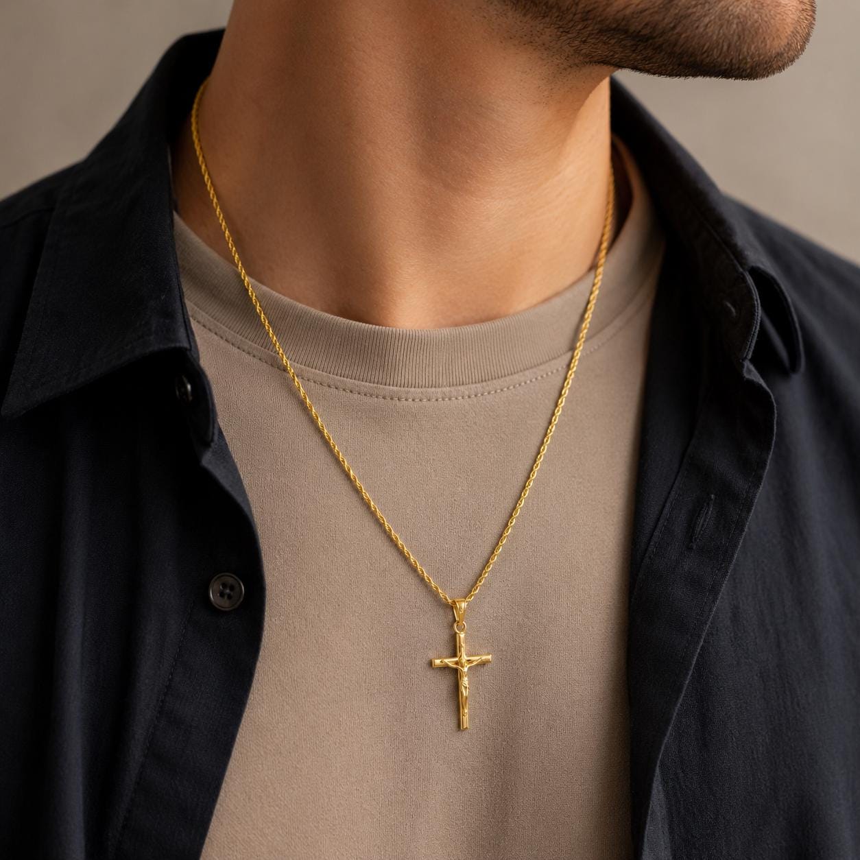 Gold Jesus cross crucifix pendant on 2mm rope chain worn by model, JVillion