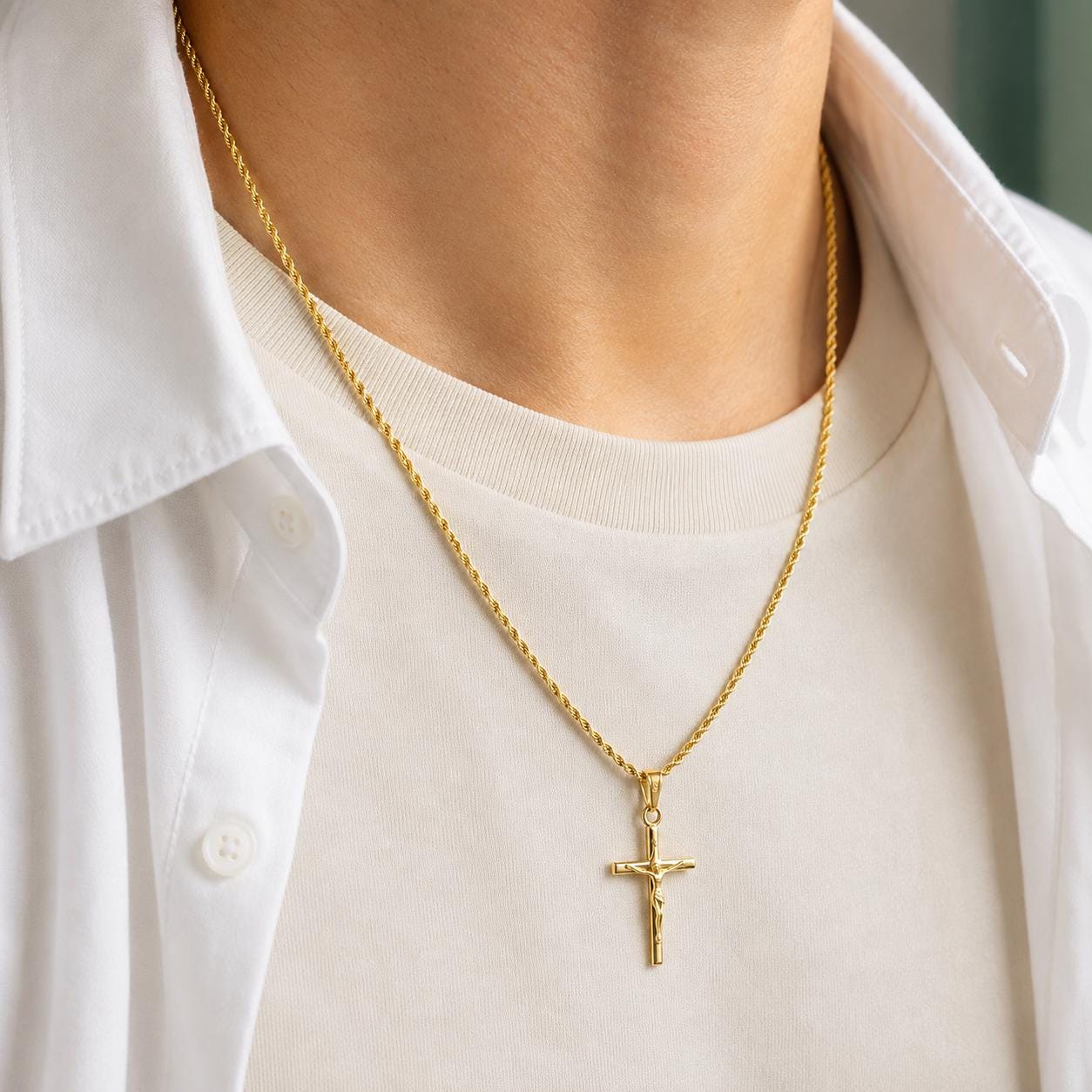 Gold Jesus cross crucifix pendant on 2mm rope chain worn by model, JVillion