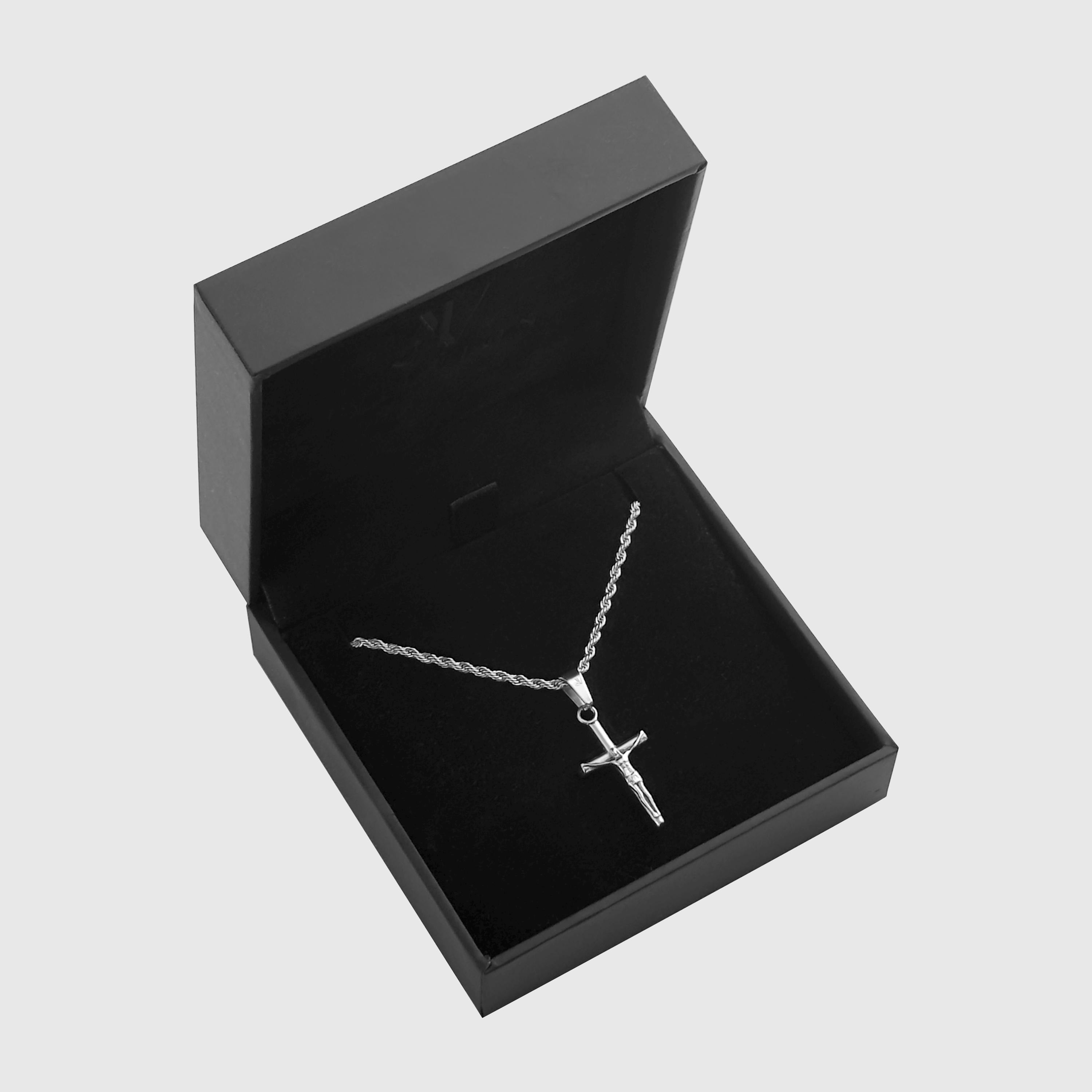 Silver Jesus cross crucifix pendant on 2mm rope chain in a black branded gift box, JVillion