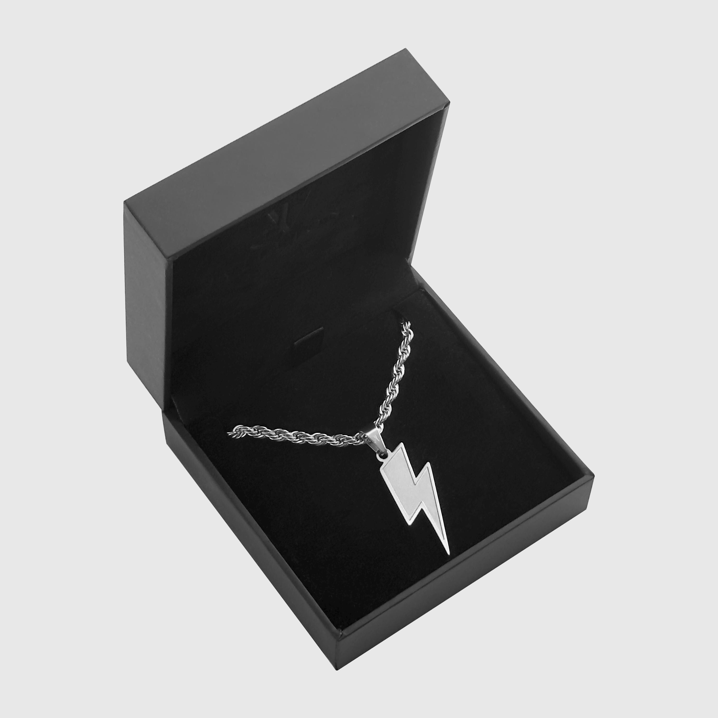Silver lightning bolt pendant on 4mm rope chain in a black branded gift box, JVillion