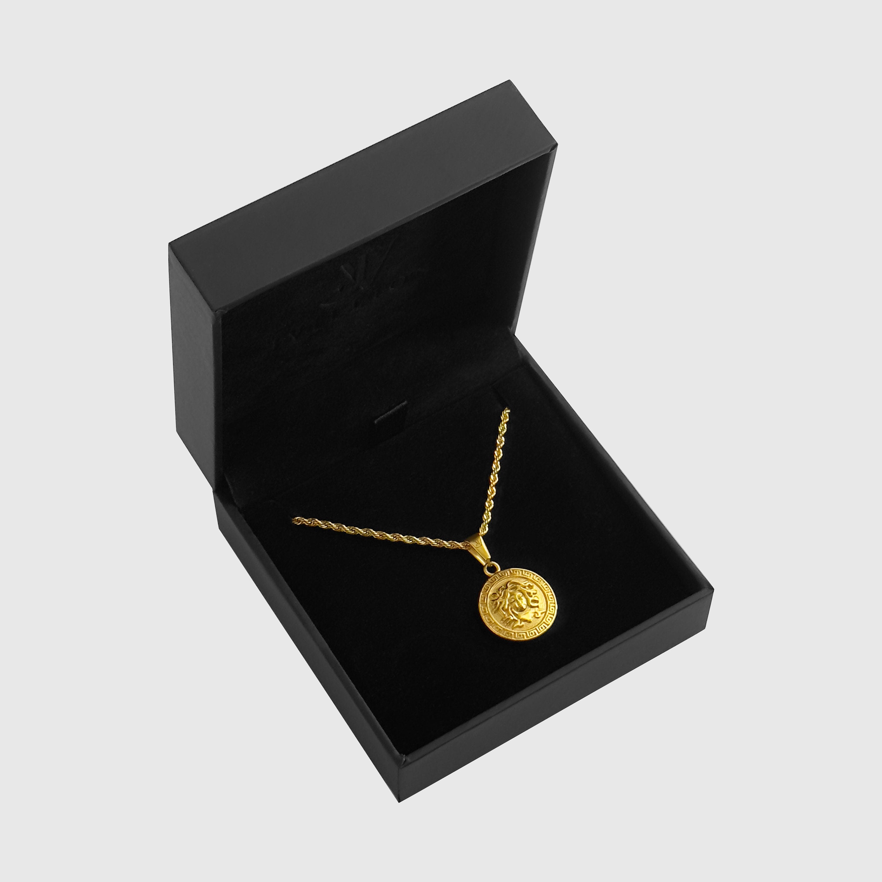 Gold Medusa medallion pendant on 2mm rope chain in a black branded gift box, JVillion