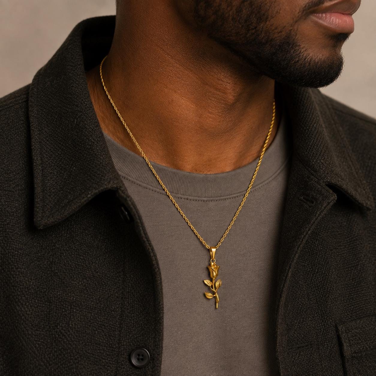 Gold rose flower pendant on 2mm rope chain worn by model, JVillion