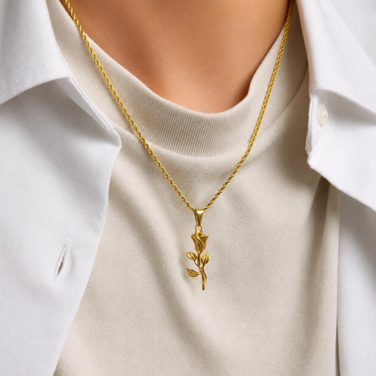Gold rose flower pendant on 2mm rope chain worn by model, JVillion