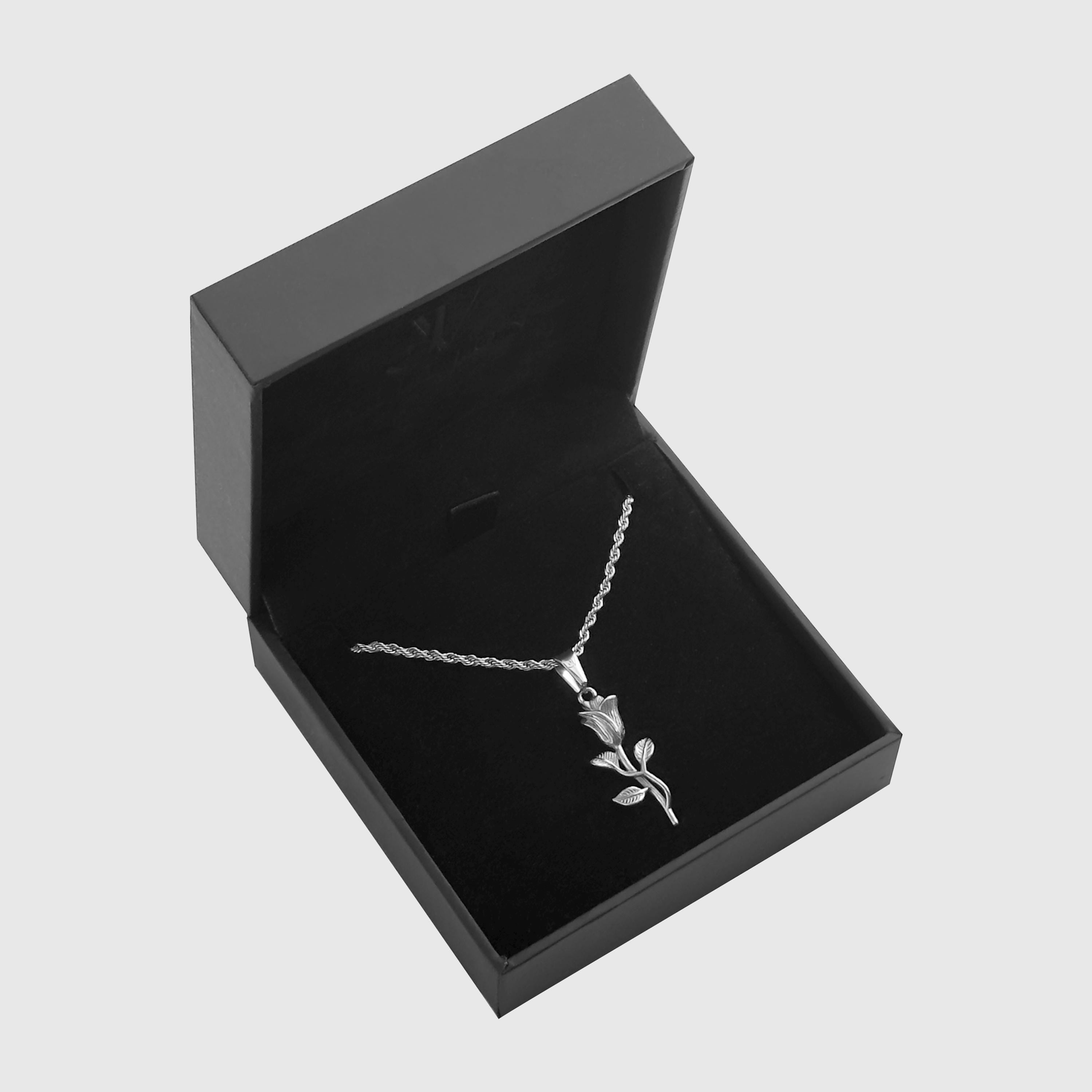 Silver rose flower pendant on 2mm rope chain in a black branded gift box, JVillion