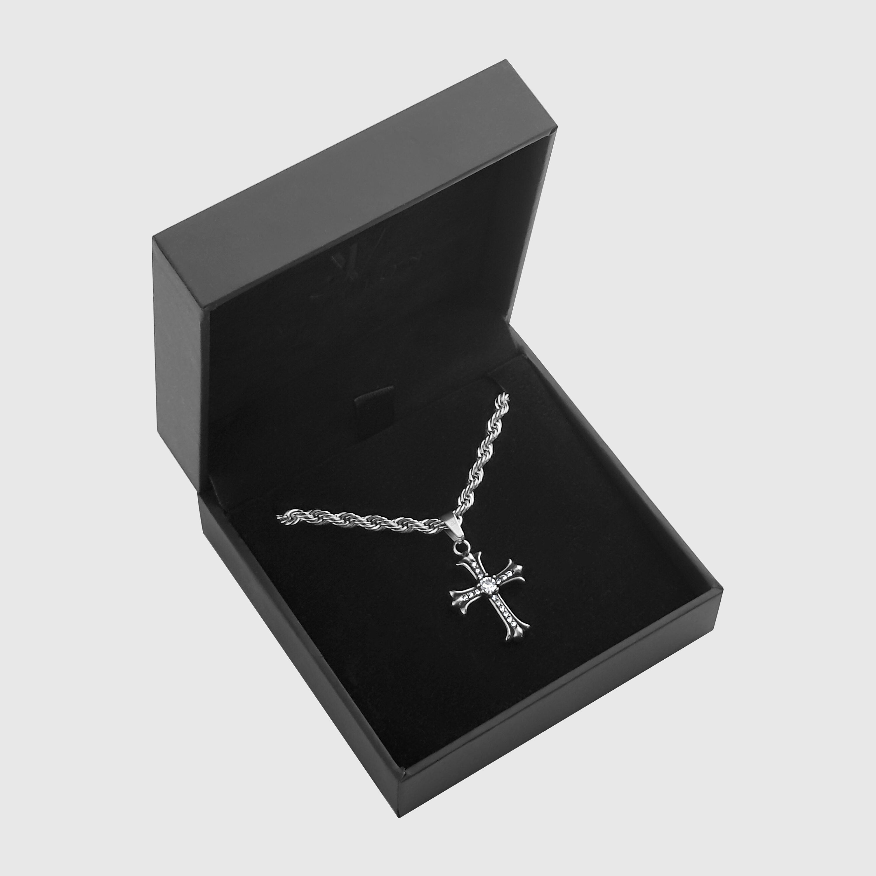 Shiny silver cross pendant on 4mm rope chain in a black branded gift box, JVillion