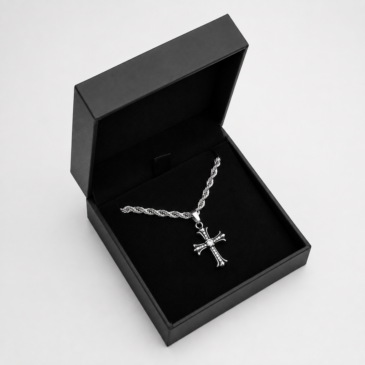 Silver crystal cross pendant on 4mm rope chain necklace in a black JVillion gift case