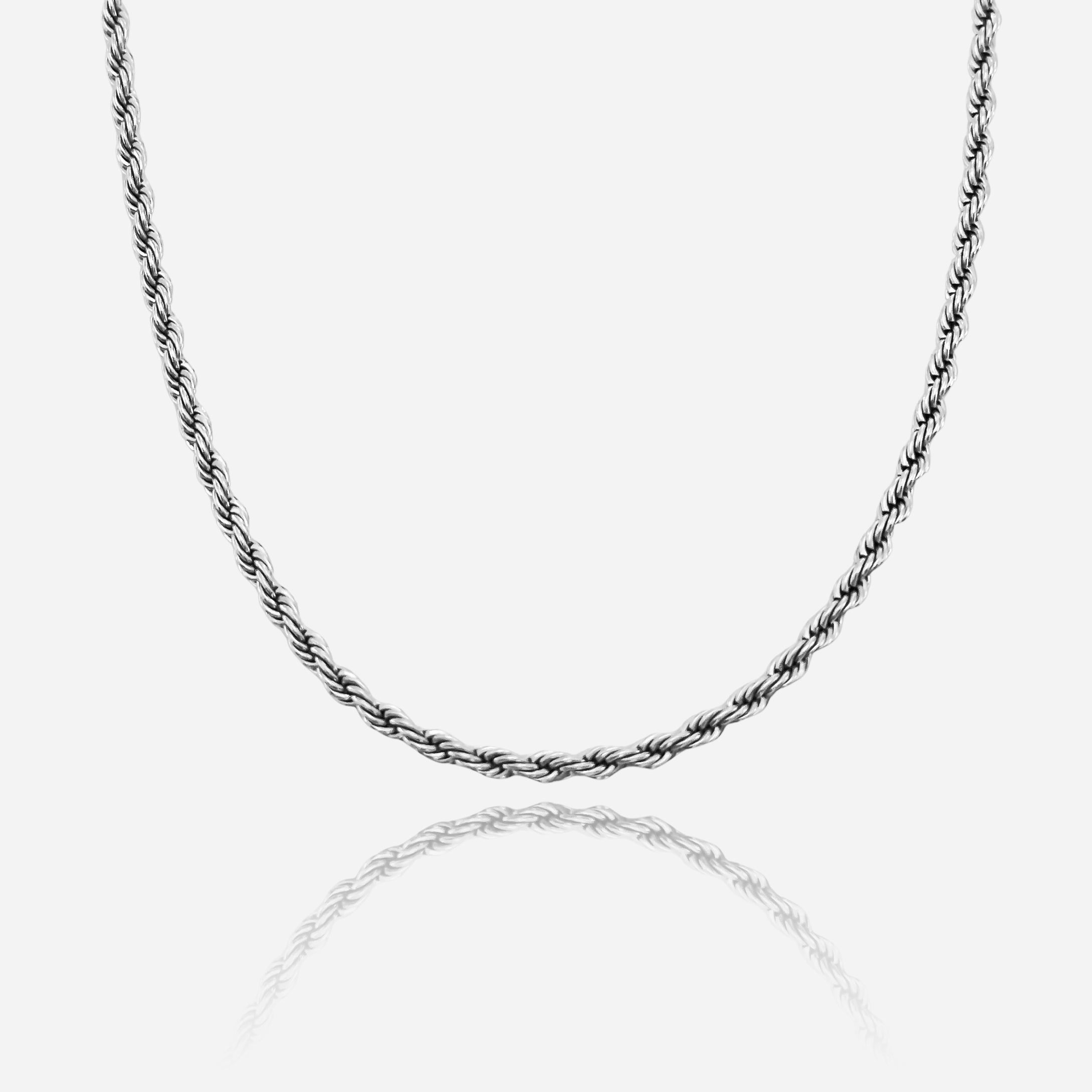 Collier chaîne corde argenté pour homme, 3mm, acier inoxydable, sur fond blanc, JVillion