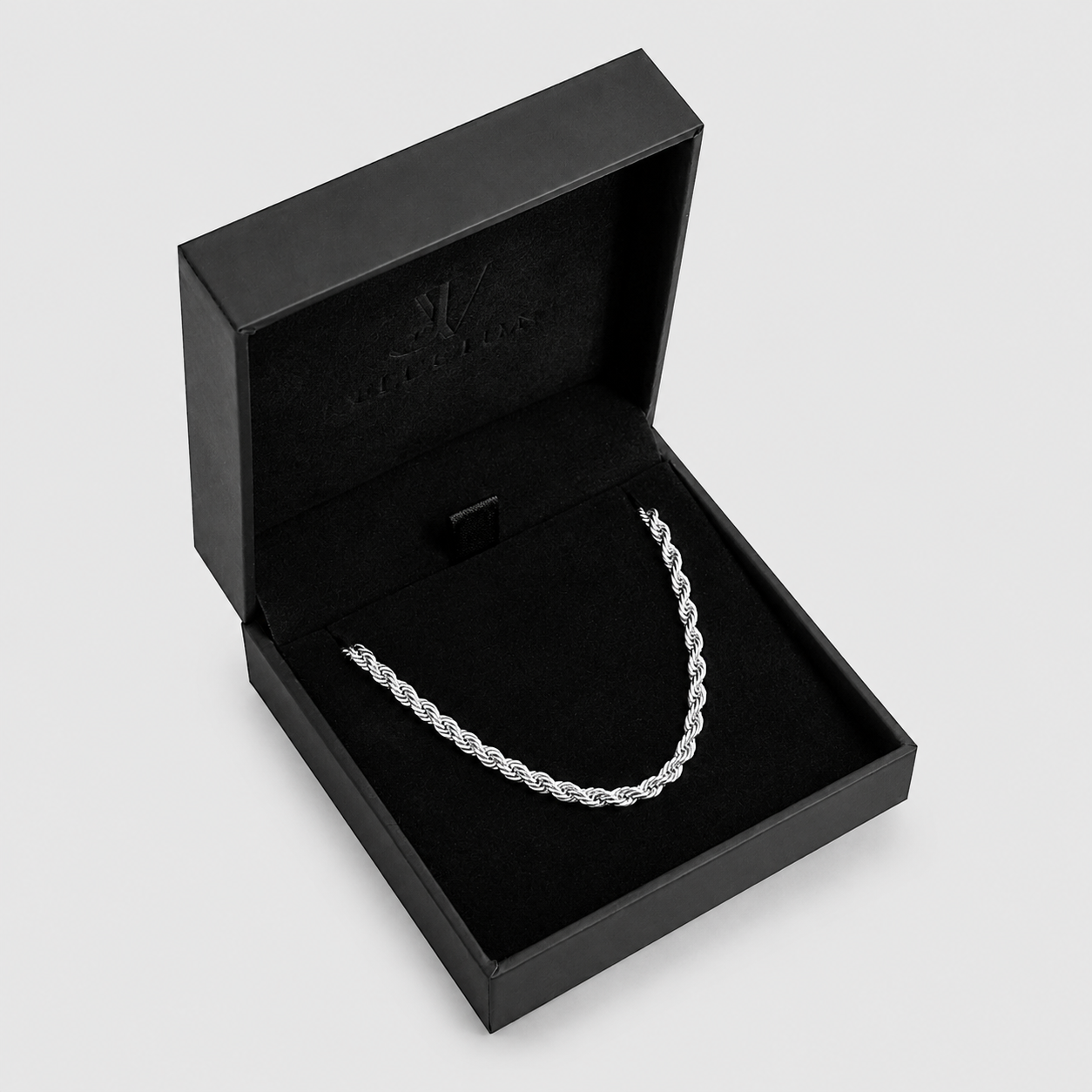 Silberne 4mm Herren-Kordelkette im Schmucketui, Edelstahl, JVillion