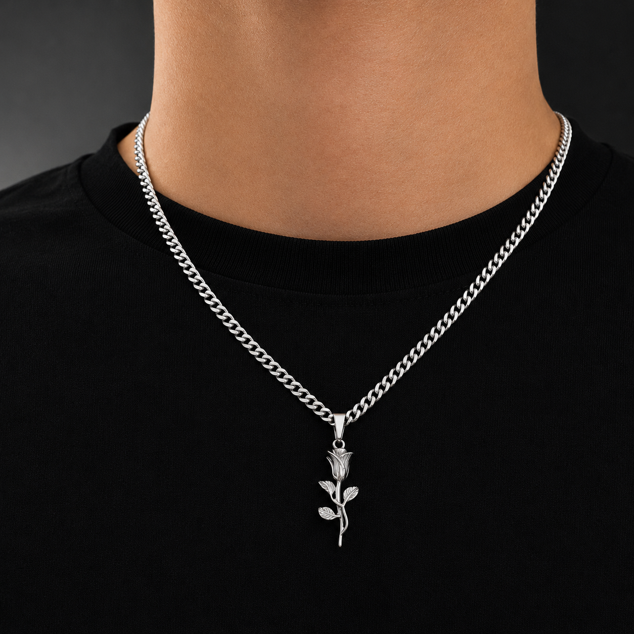 Colgante de rosa plateado para hombre en cadena cubana de 4mm, en el cuello, JVillion