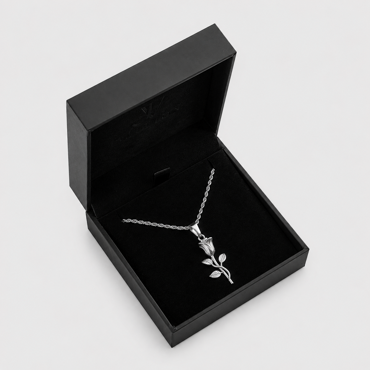 Silver rose pendant on 2mm rope chain necklace in a black JVillion gift case