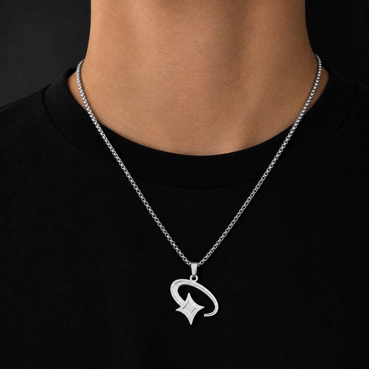 Model wearing men's silver shooting star pendant box chain necklace, JVillion