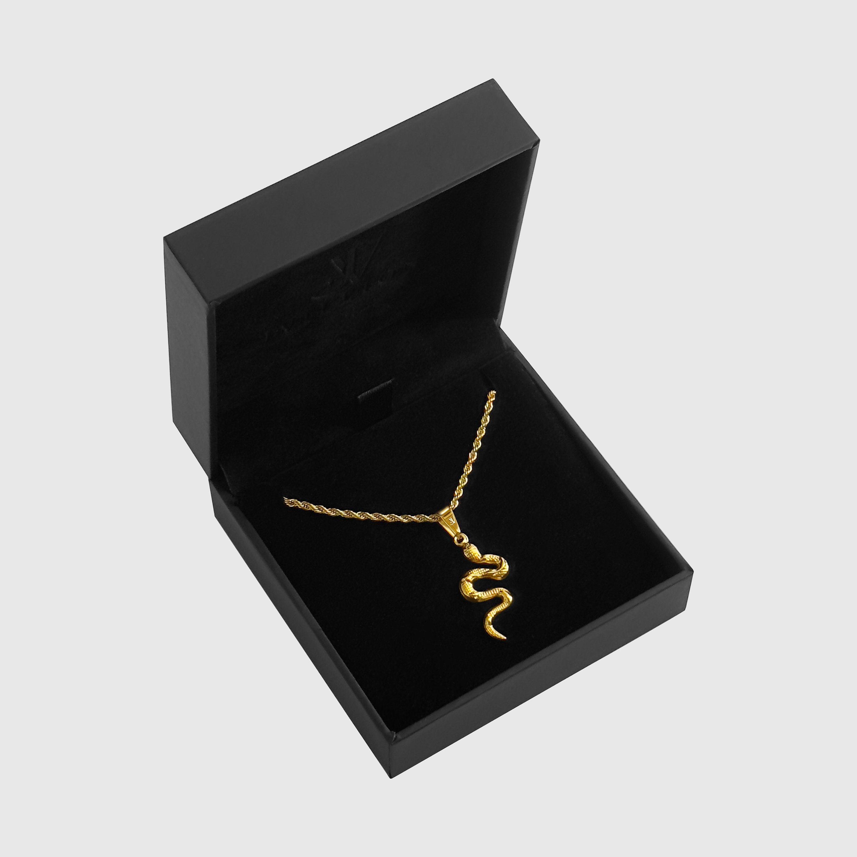 Gold viper snake pendant on 2mm rope chain in a black branded gift box, JVillion