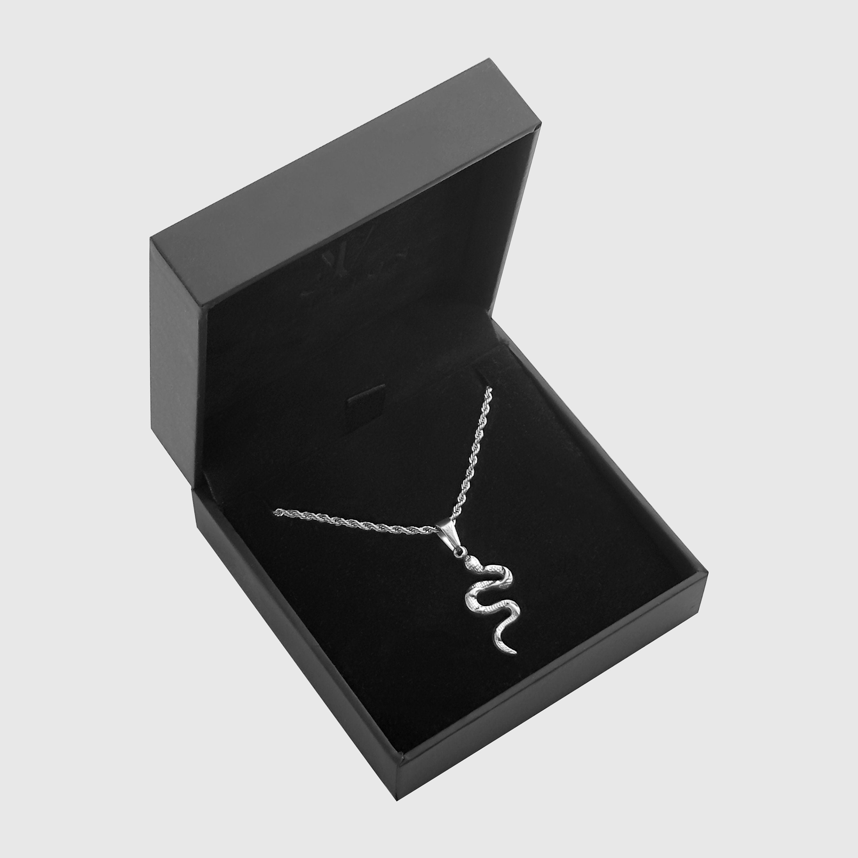 Silver viper snake pendant on 2mm rope chain in a black branded gift box, JVillion