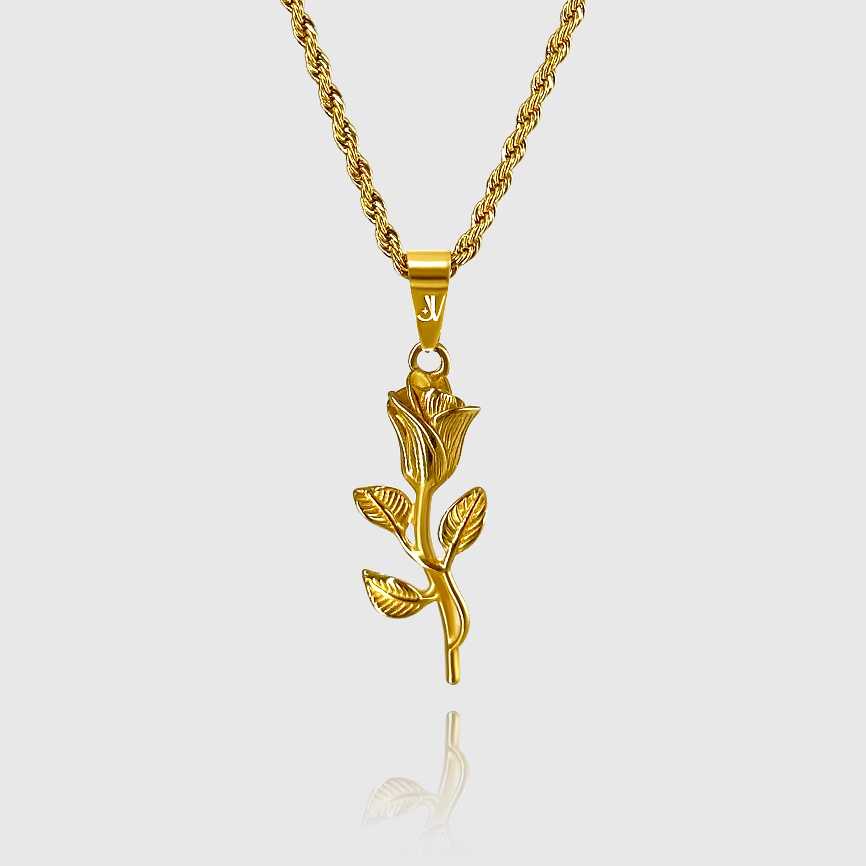 Gold rose flower pendant on 2mm rope chain necklace, JVillion