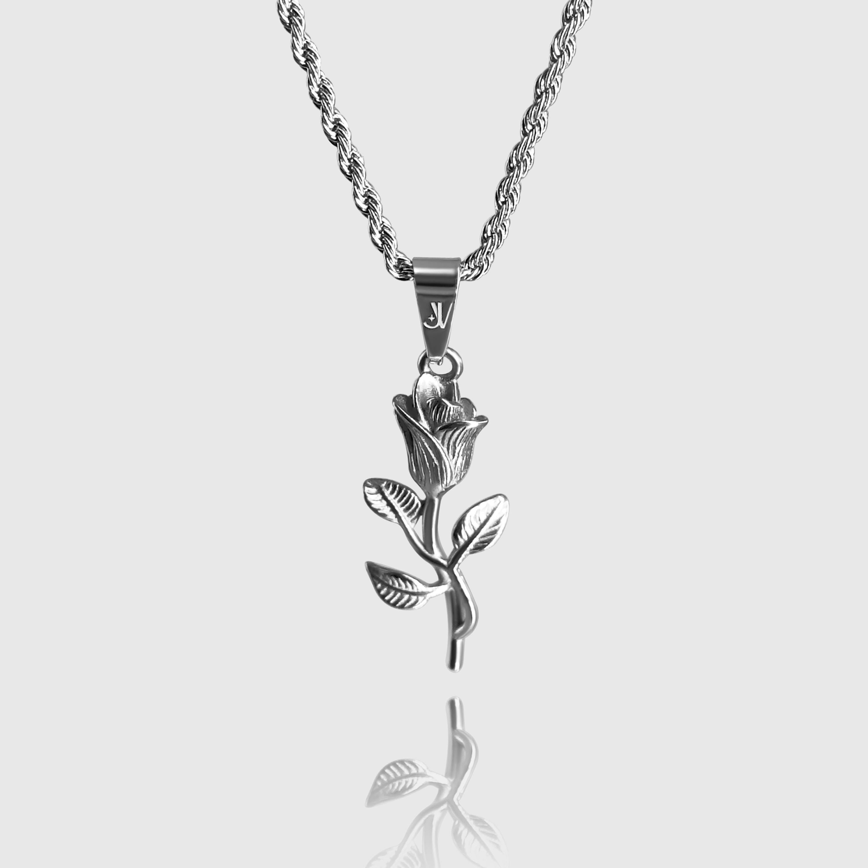 Silver rose flower pendant on 2mm rope chain necklace, JVillion