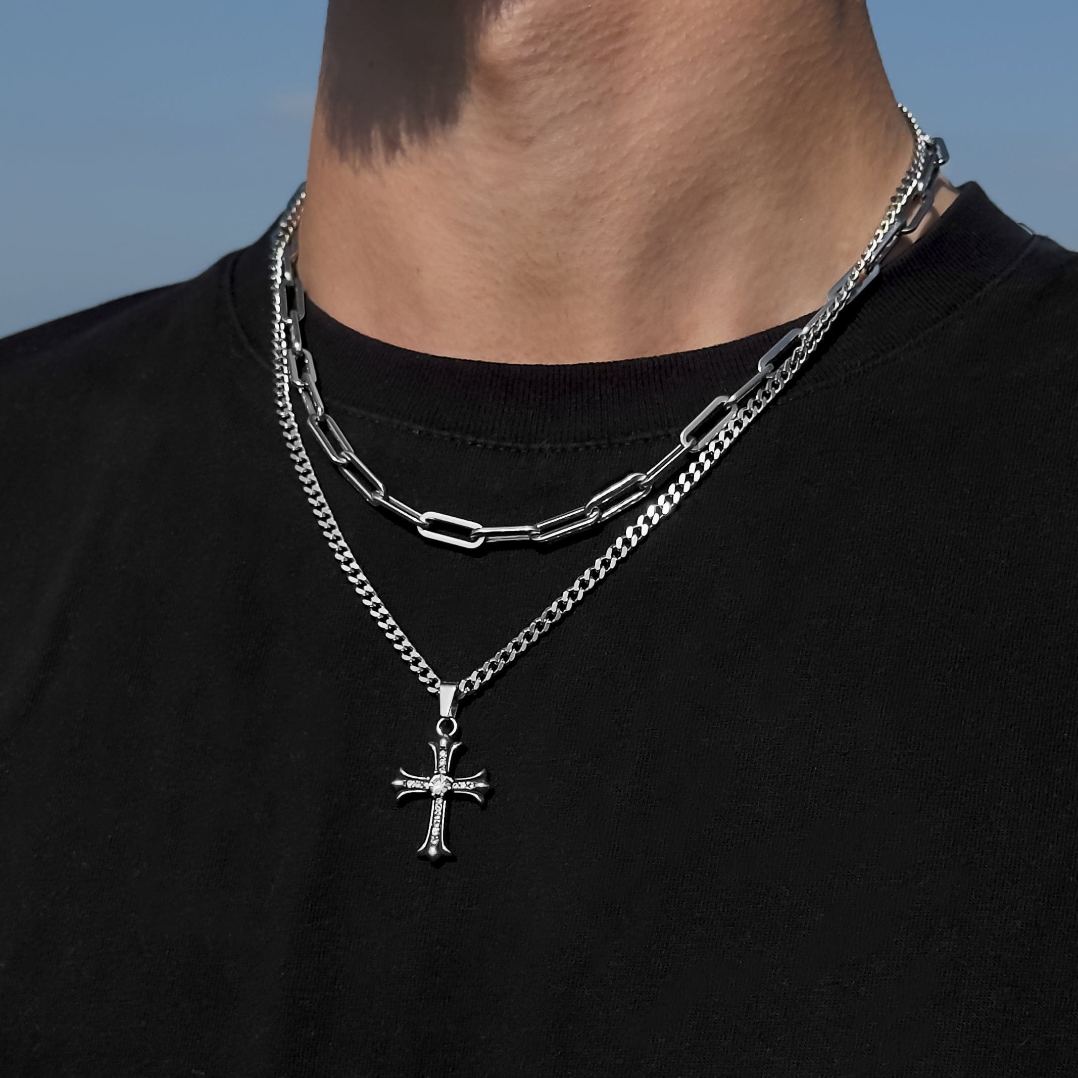 Shiny Cross Cuban Chain - Silver (4mm) Chain with Pendant JVILLION