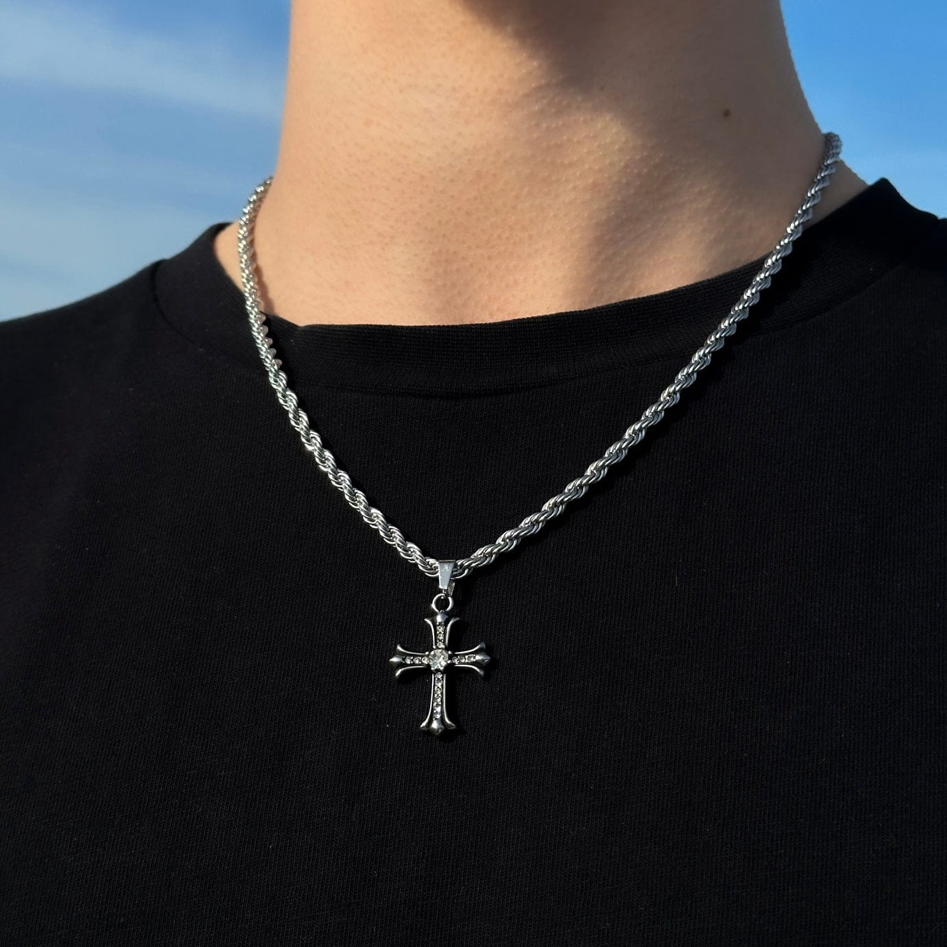 Shiny Cross Rope Chain - Silver (3mm) Chain with Pendant JVILLION