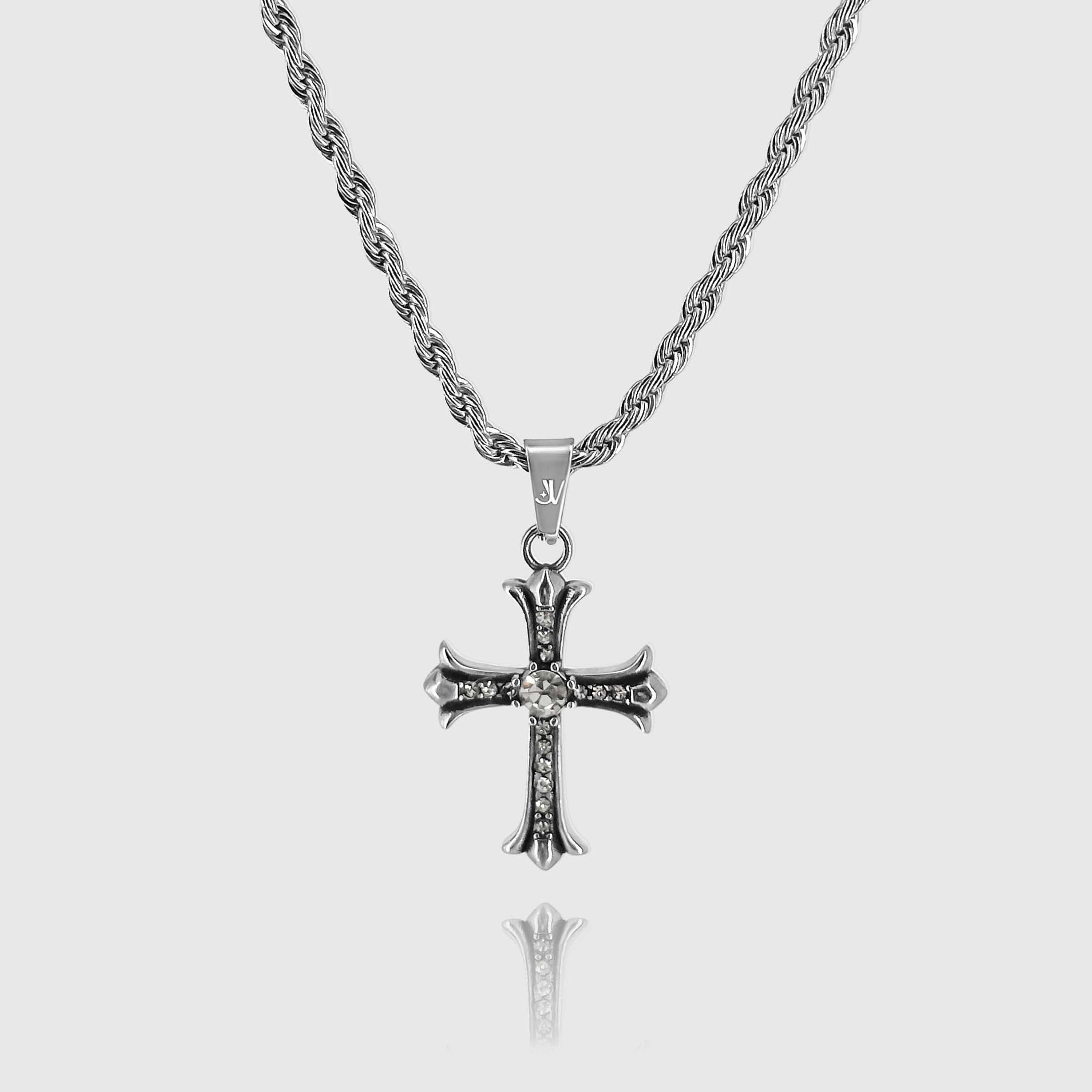 Shiny silver cross pendant on 4mm rope chain necklace, JVillion