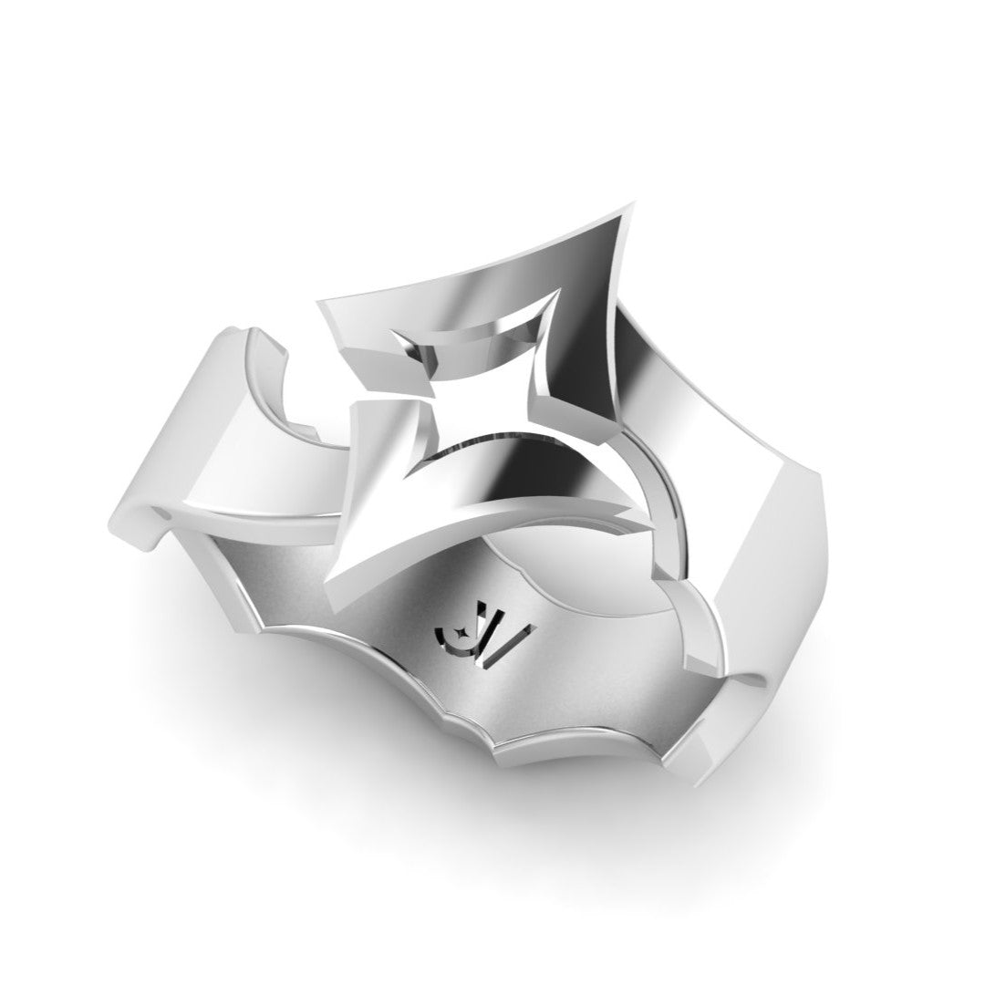 Close-up of the silver split star ring showing the pointed star and JV engraving, JVillion