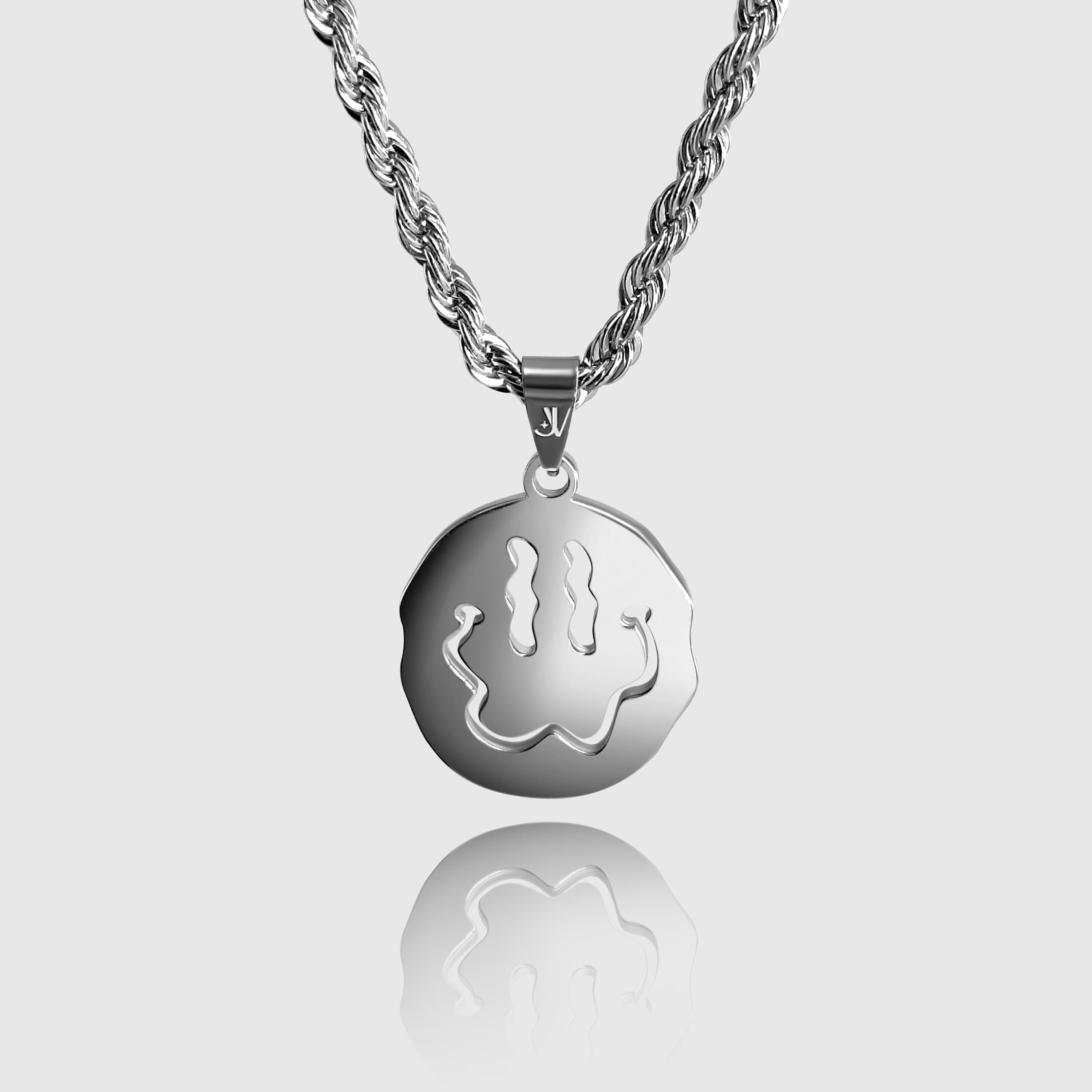 Silver smiley face pendant on 4mm rope chain necklace, JVillion