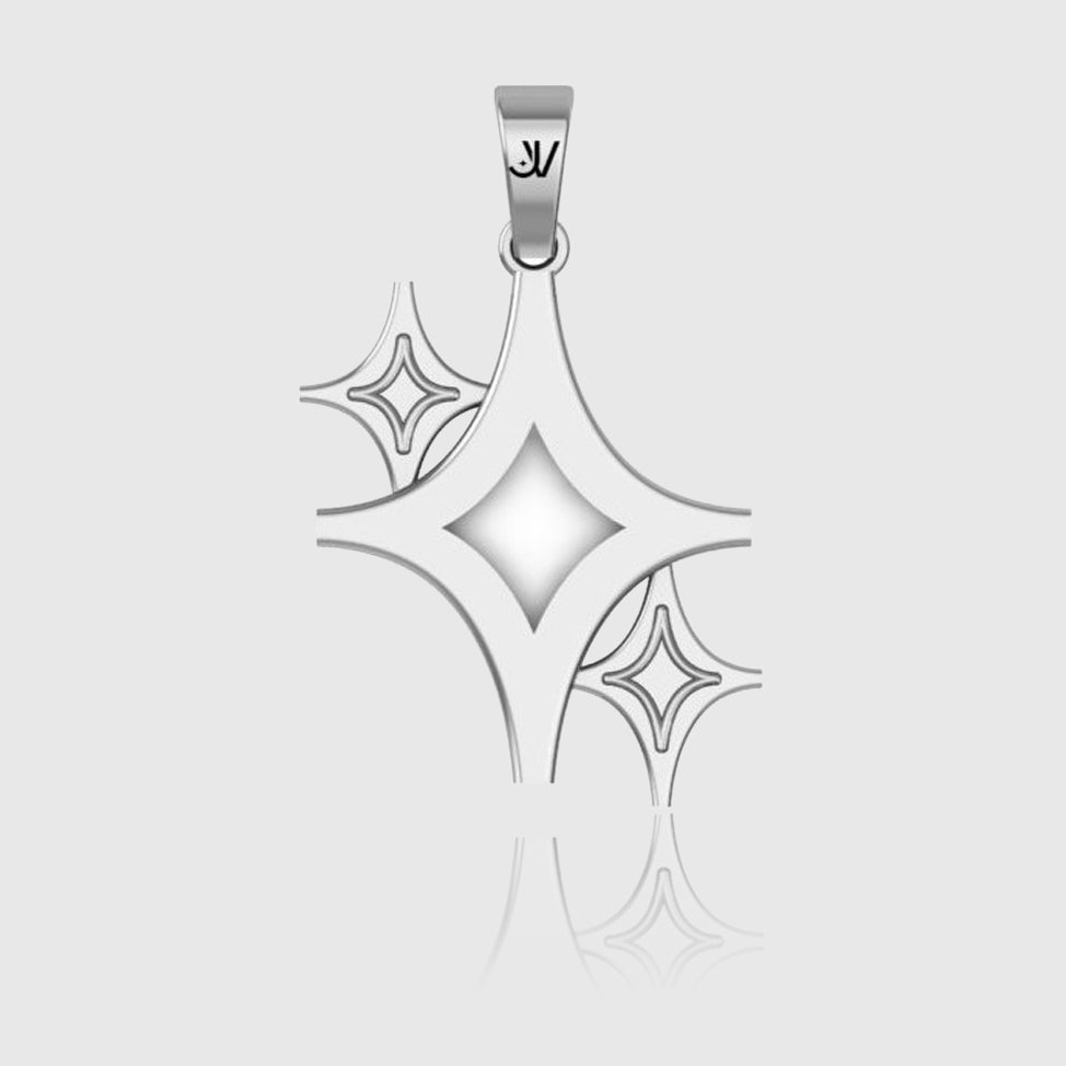 Pendente estrela cintilante prateado com argola gravada JV, vista frontal, JVillion