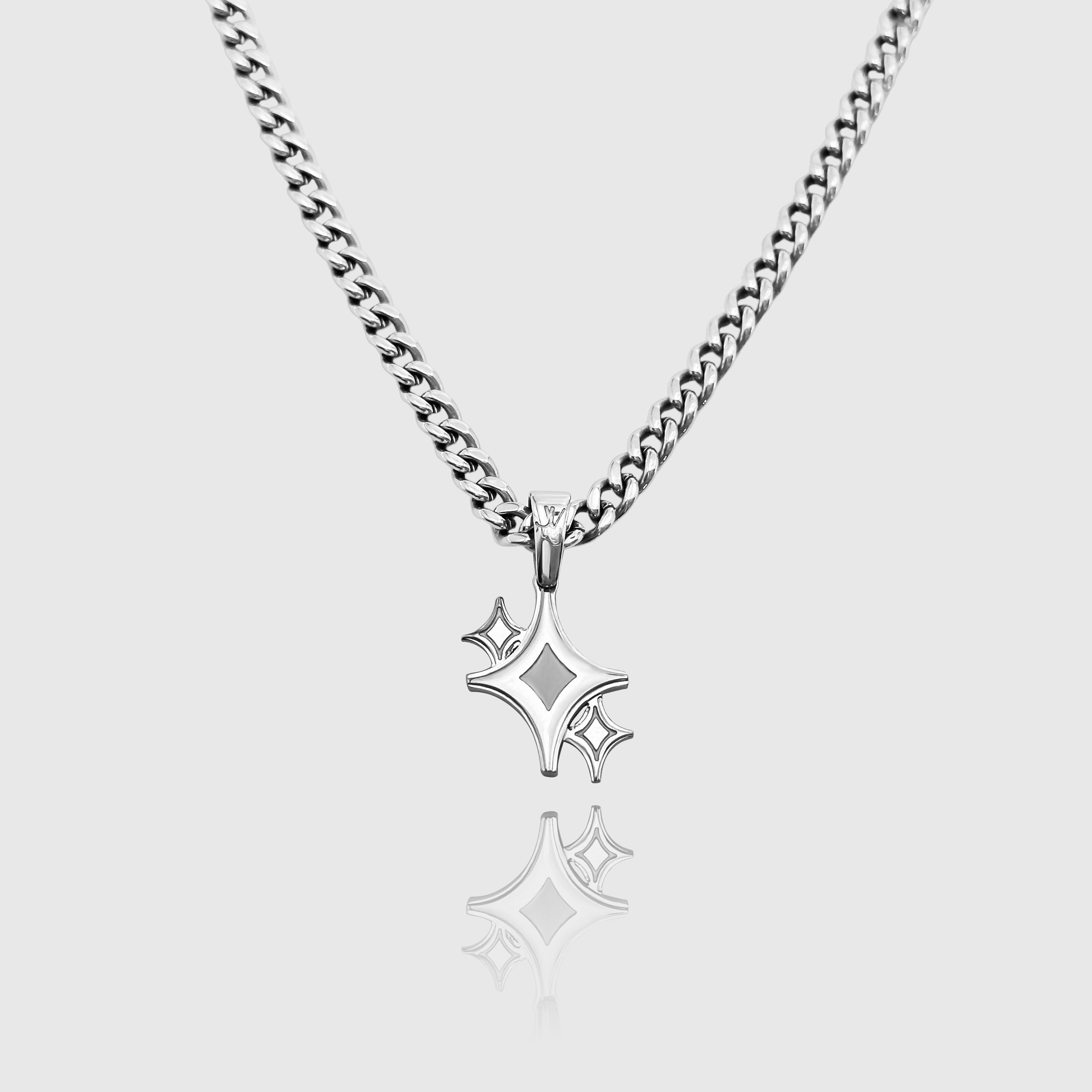 Pendente estrela cintilante prateado em colar de corrente cubana de 4 mm, JVillion