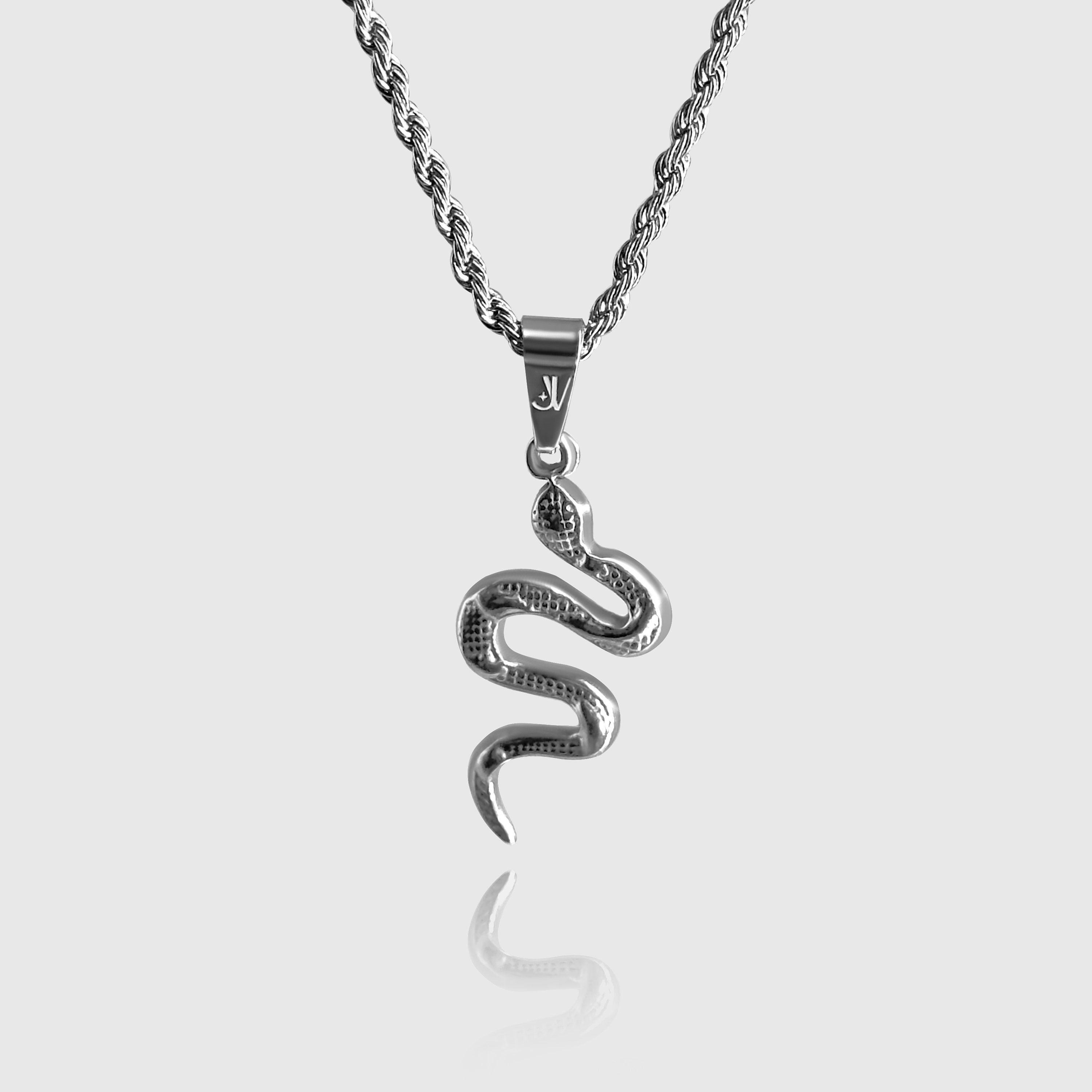 Silver viper snake pendant on 2mm rope chain necklace, JVillion